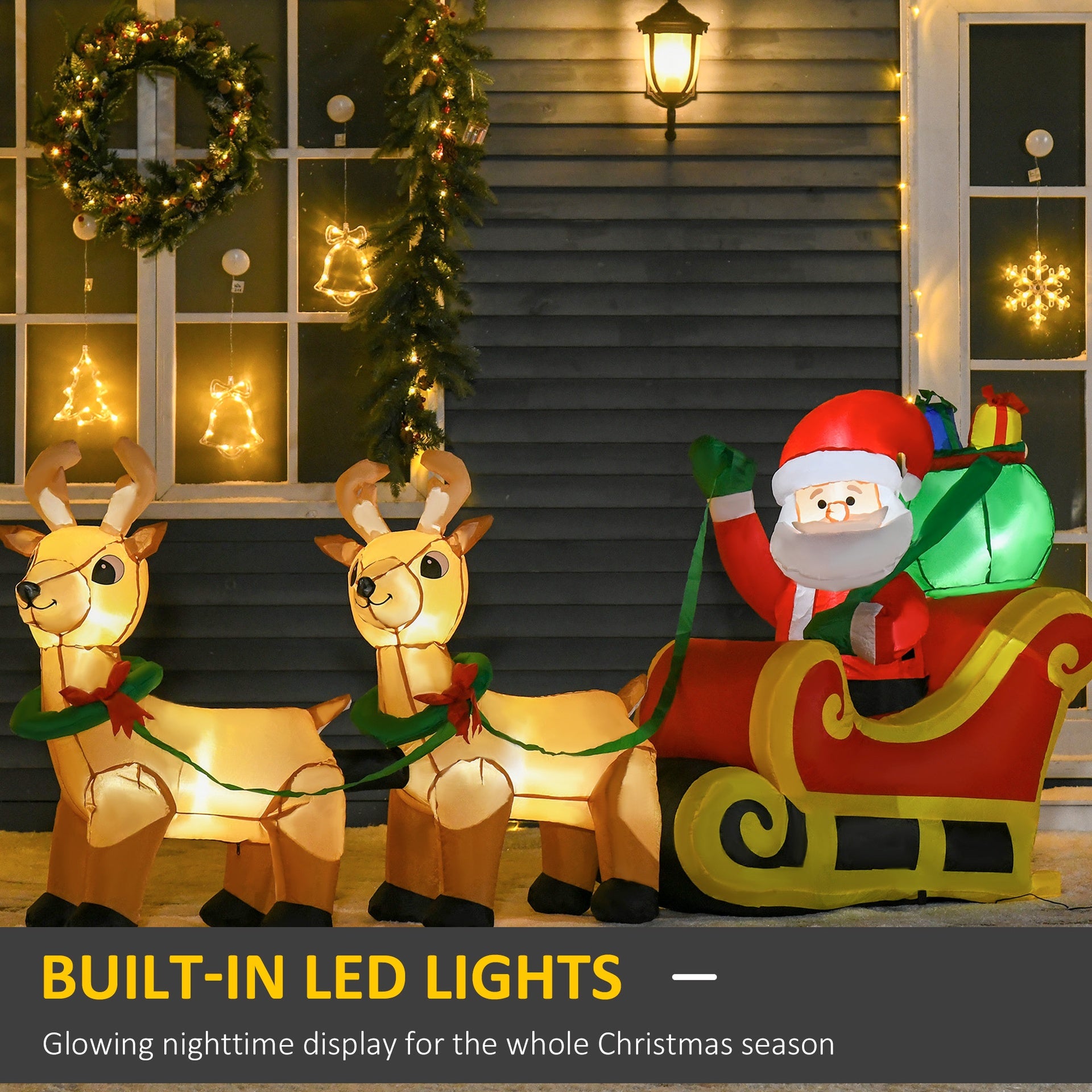 HOMCOM 8ft Long Christmas Inflatable Santa Claus with Sleigh and Reindeer, Outdoor Blow-Up Yard Decoration with LED Lights Display