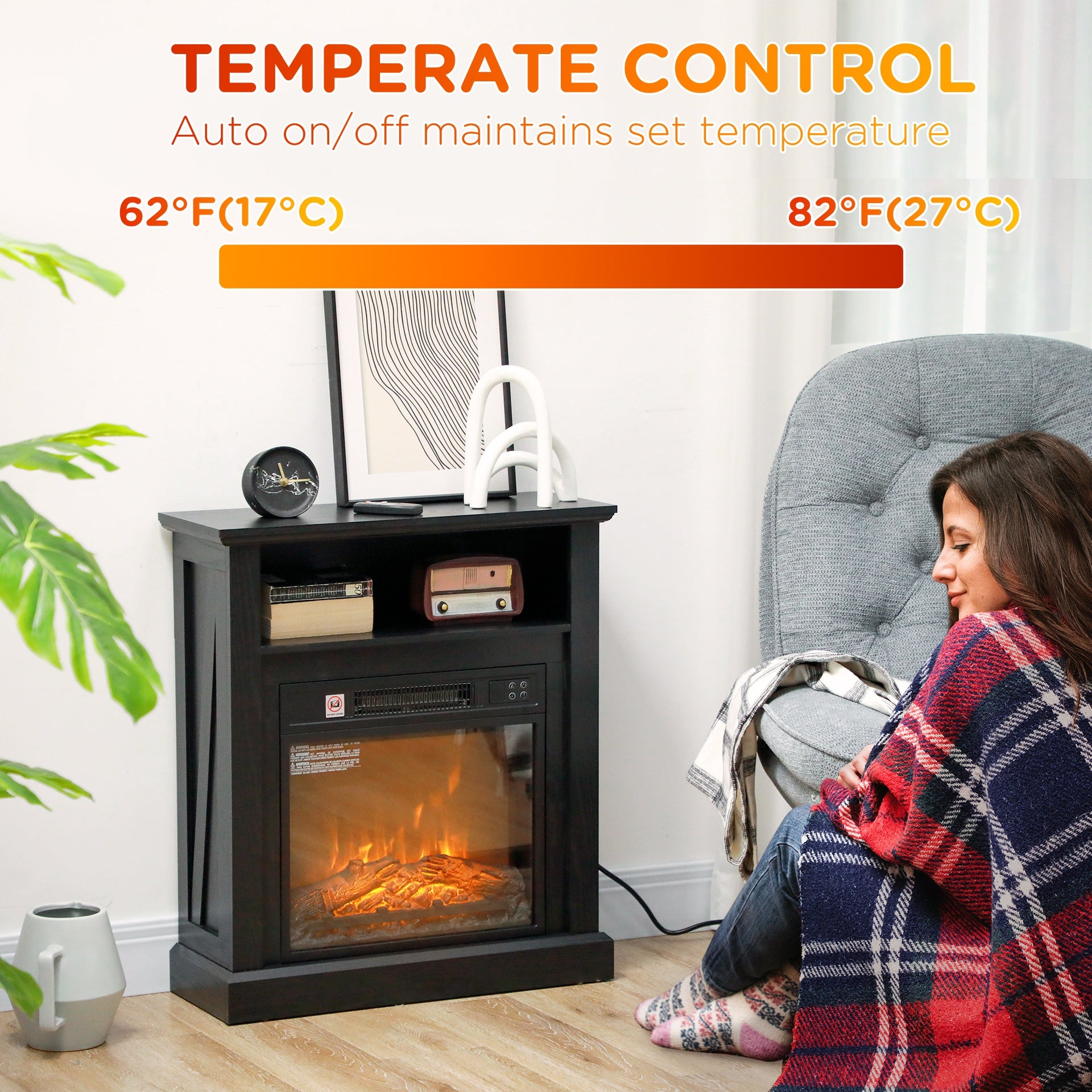 HOMCOM 27" Electric Fireplace with Mantel Surround, 1400W Replaceable Fireplace Insert Heater with Realistic Log and Flame Effect, Remote Control, Freestanding Fireplace Heater for Living Room, Black
