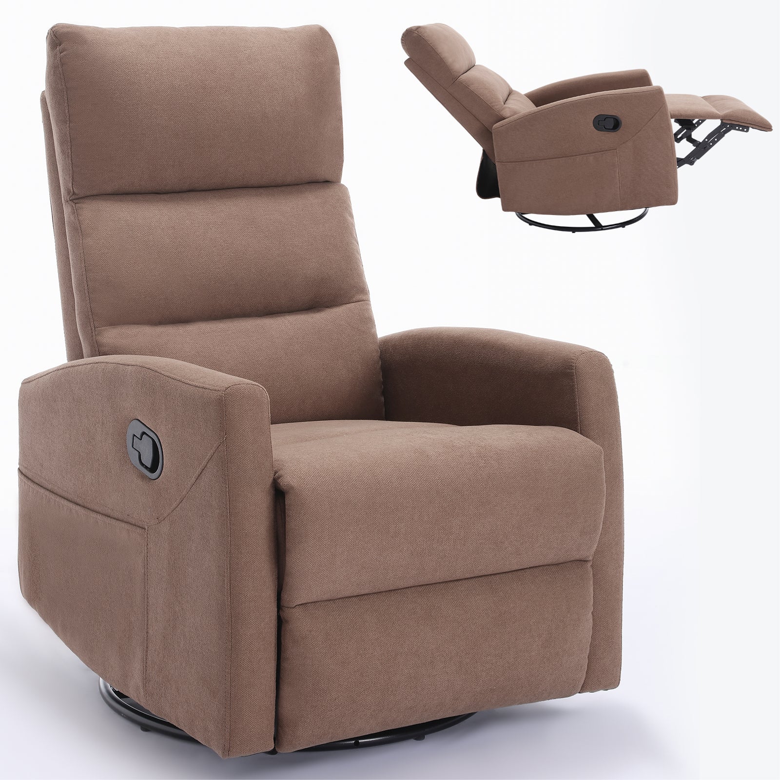 Manual Recliner Chair with Rocker and Swivel in Fabric for Living Room, Brown