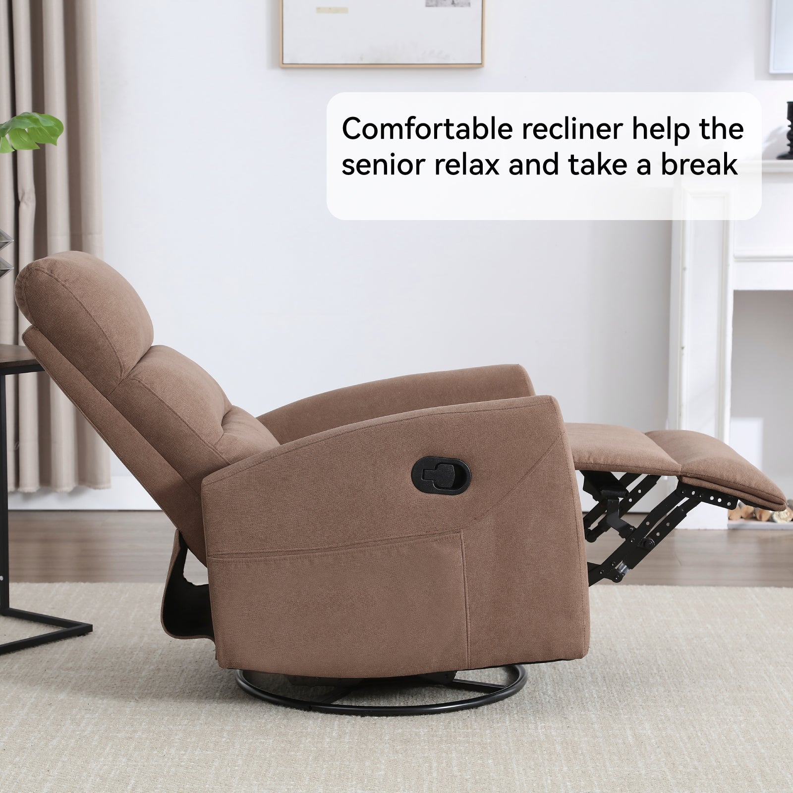 Manual Recliner Chair with Rocker and Swivel in Fabric for Living Room, Brown