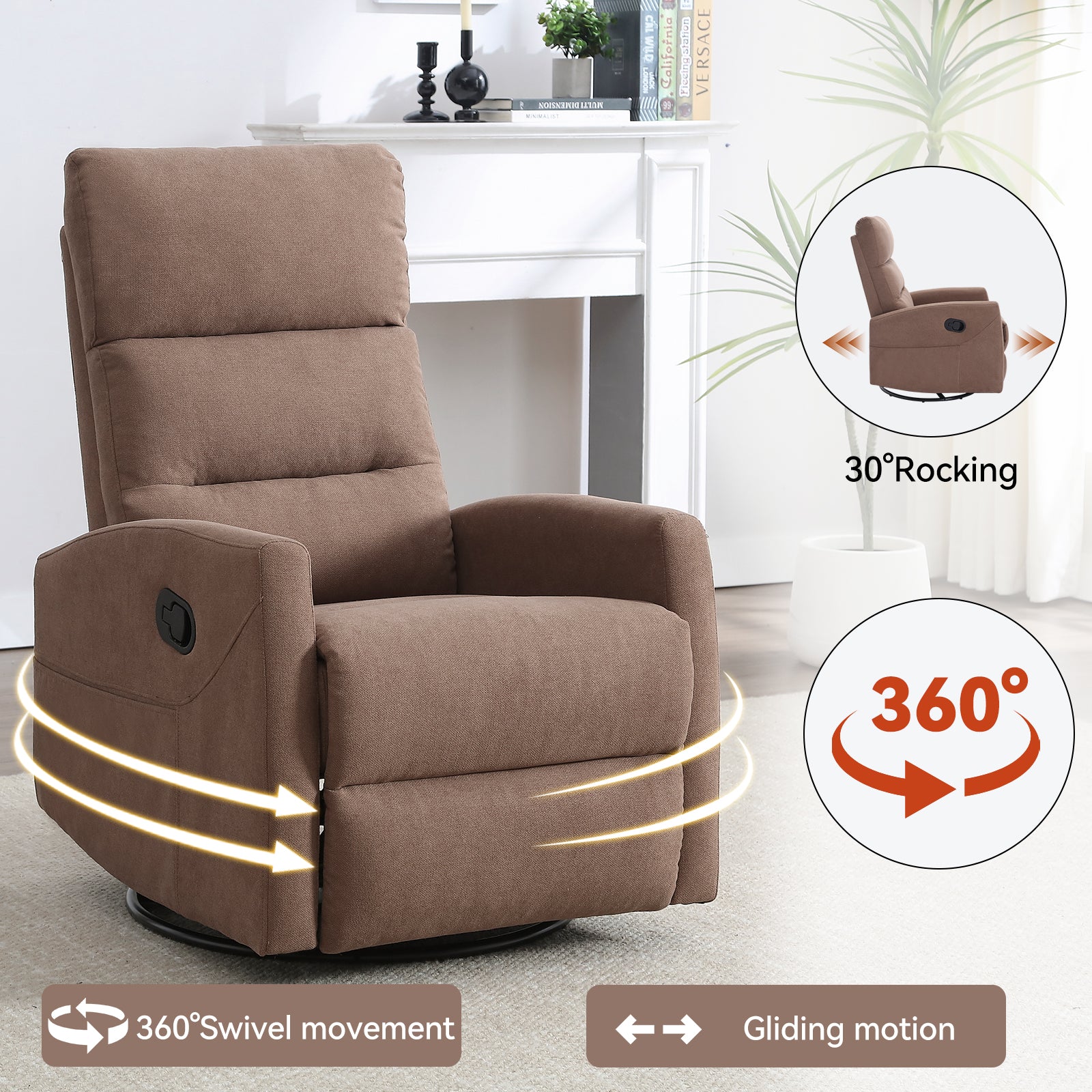 Manual Recliner Chair with Rocker and Swivel in Fabric for Living Room, Brown