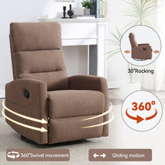 Manual Recliner Chair with Rocker and Swivel in Fabric for Living Room, Brown