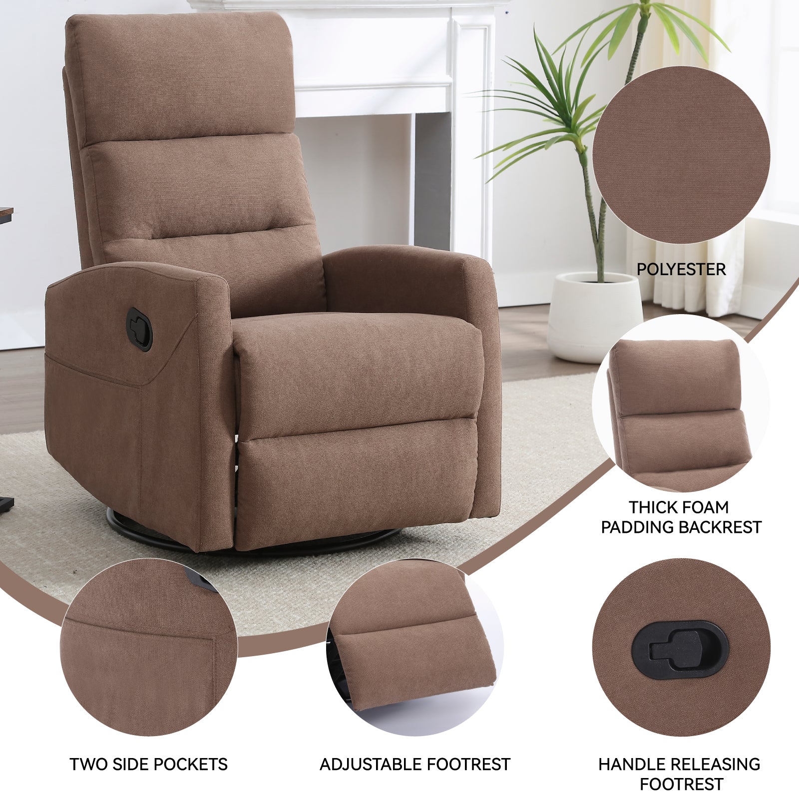 Manual Recliner Chair with Rocker and Swivel in Fabric for Living Room, Brown