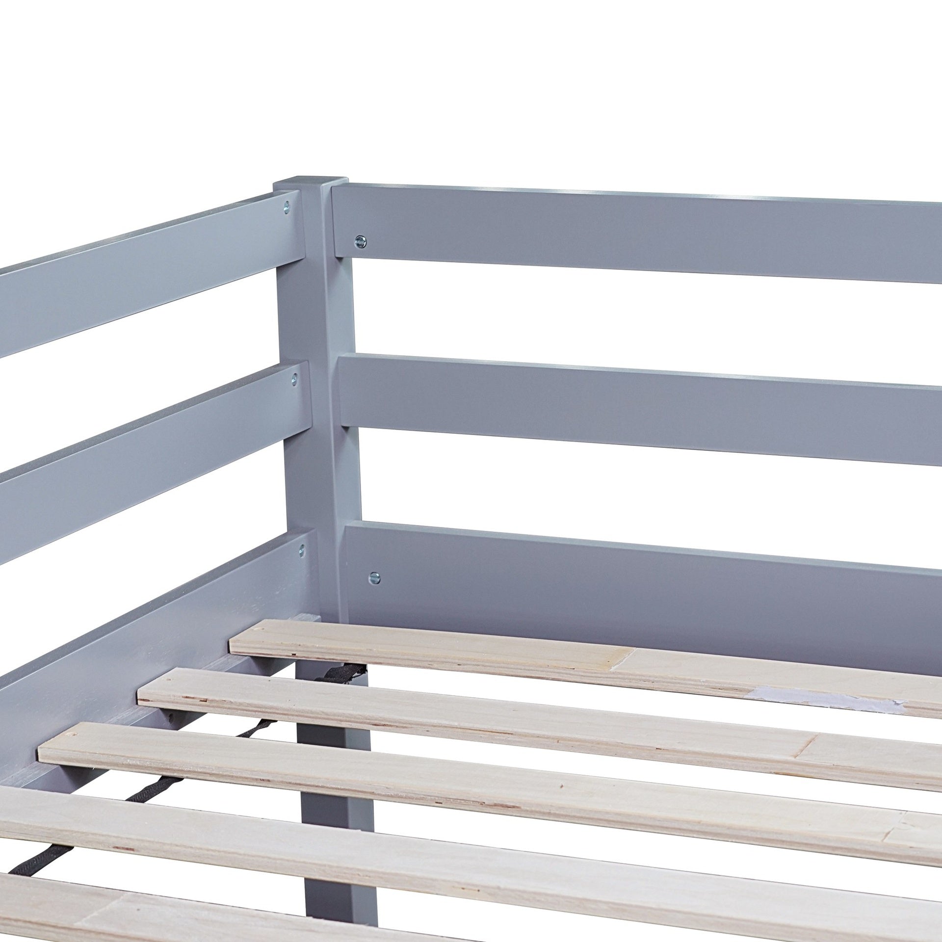 Twin Low Loft Bed with Slide, Ladder, Safety Guardrails, Rubber Wood Twin Loft Bed,Grey