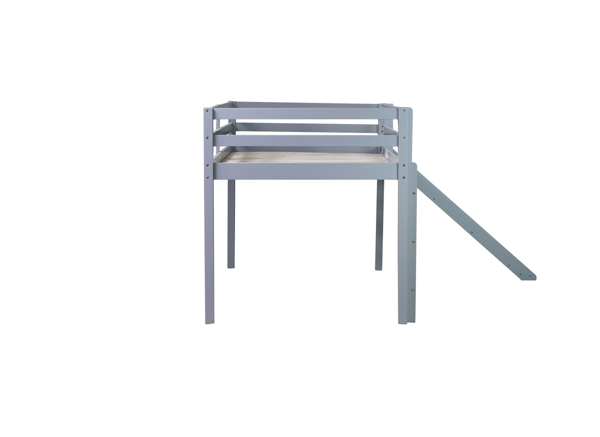 Twin Low Loft Bed with Slide, Ladder, Safety Guardrails, Rubber Wood Twin Loft Bed,Grey