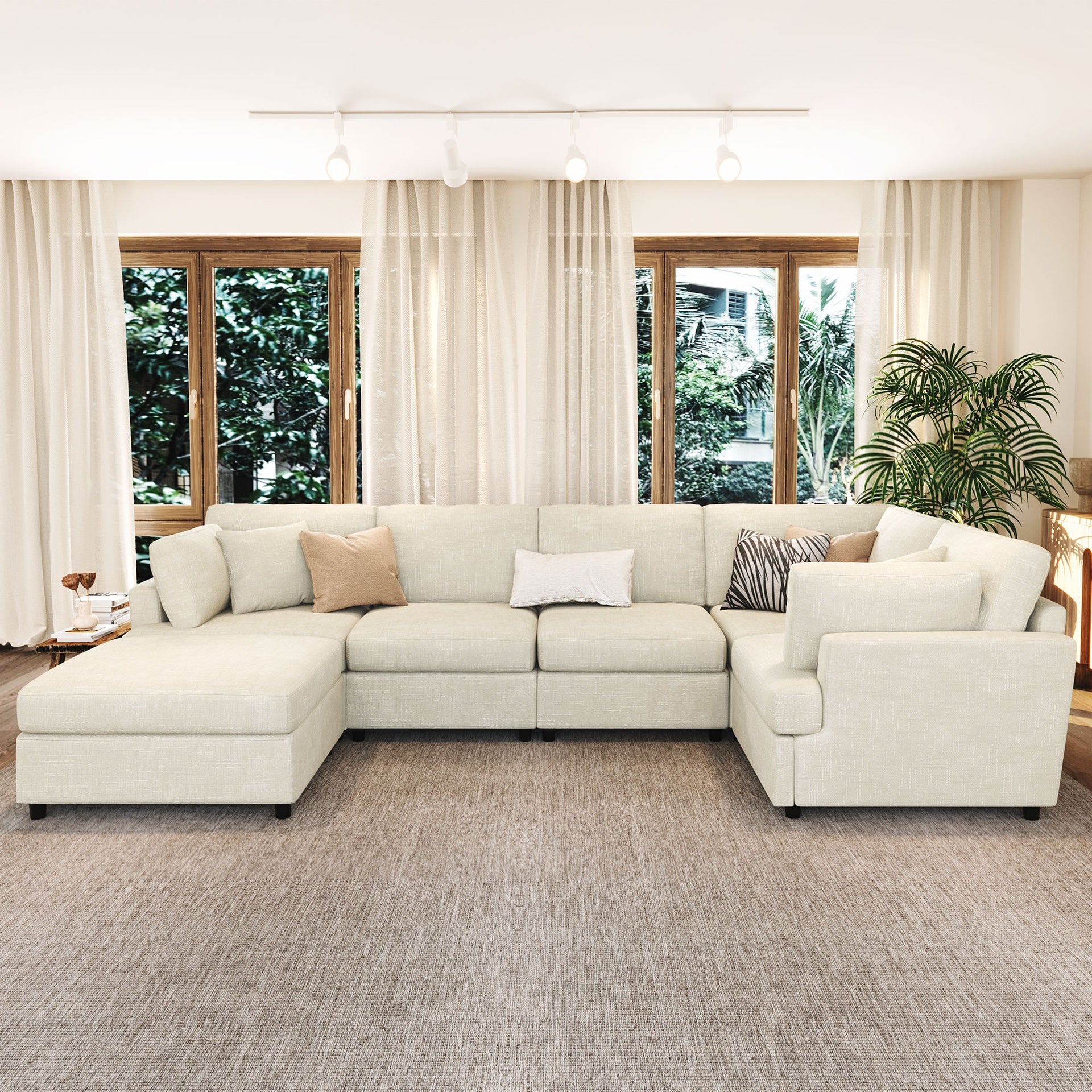 U-style 127" U-Shaped Sectional Sofa with Movable Ottoman, 6-Piece Chenille Fabric Sofa Set, Convertible Modular Corner Couch with Sturdy Pine Wood Frame, for Large Living Room and Apartment