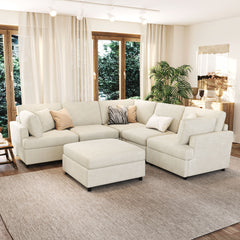 U-style 127" U-Shaped Sectional Sofa with Movable Ottoman, 6-Piece Chenille Fabric Sofa Set, Convertible Modular Corner Couch with Sturdy Pine Wood Frame, for Large Living Room and Apartment