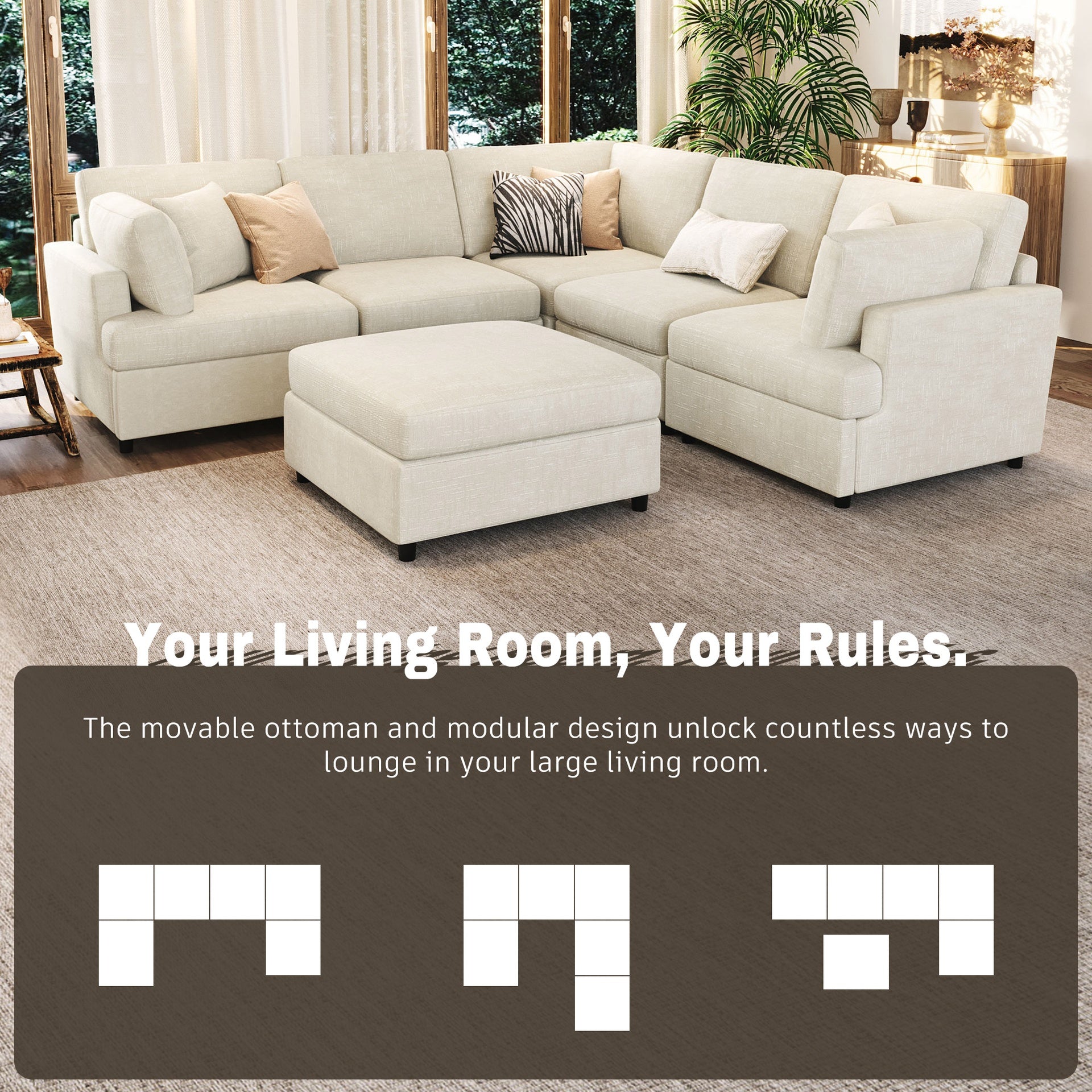 U-style 127" U-Shaped Sectional Sofa with Movable Ottoman, 6-Piece Chenille Fabric Sofa Set, Convertible Modular Corner Couch with Sturdy Pine Wood Frame, for Large Living Room and Apartment