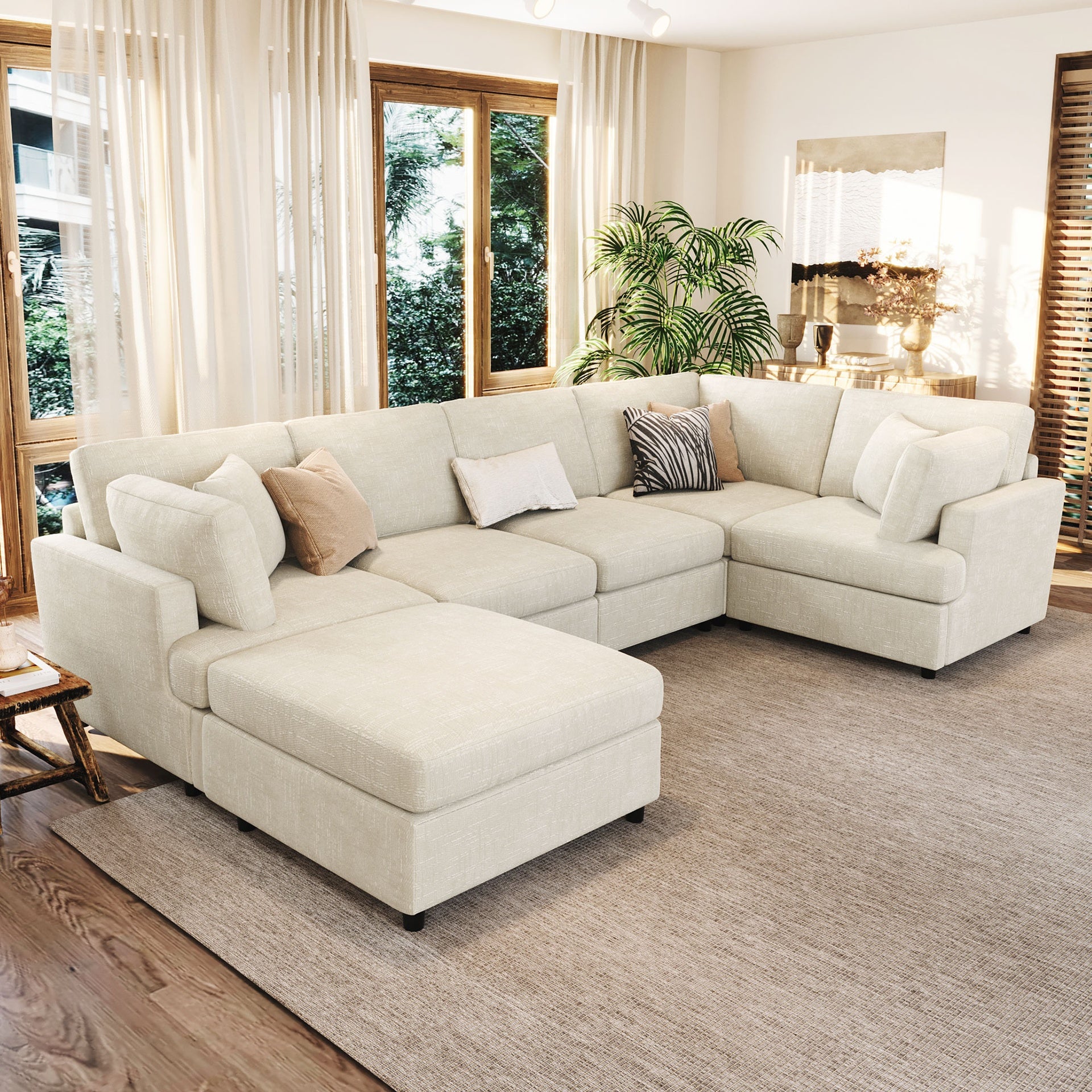 U-style 127" U-Shaped Sectional Sofa with Movable Ottoman, 6-Piece Chenille Fabric Sofa Set, Convertible Modular Corner Couch with Sturdy Pine Wood Frame, for Large Living Room and Apartment