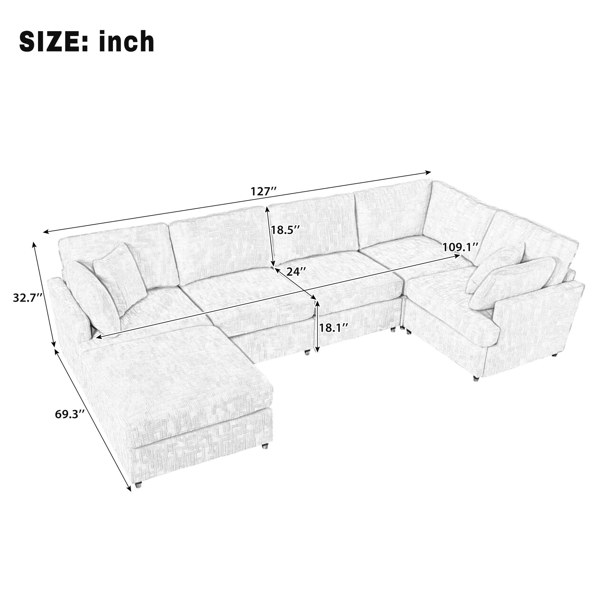 U-style 127" U-Shaped Sectional Sofa with Movable Ottoman, 6-Piece Chenille Fabric Sofa Set, Convertible Modular Corner Couch with Sturdy Pine Wood Frame, for Large Living Room and Apartment