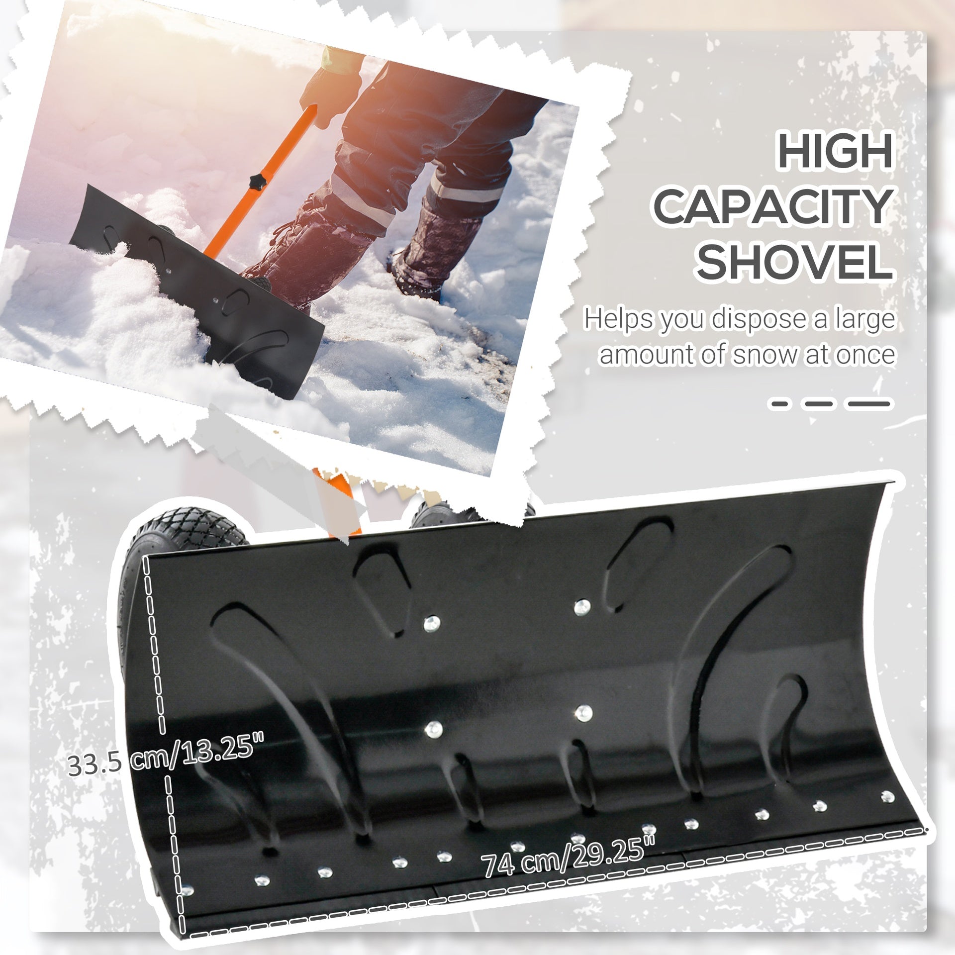 Outsunny Snow Shovel, Rolling Pusher with 29" Blade, 10" Wheels & Angle-Adjustable Handle, Orange