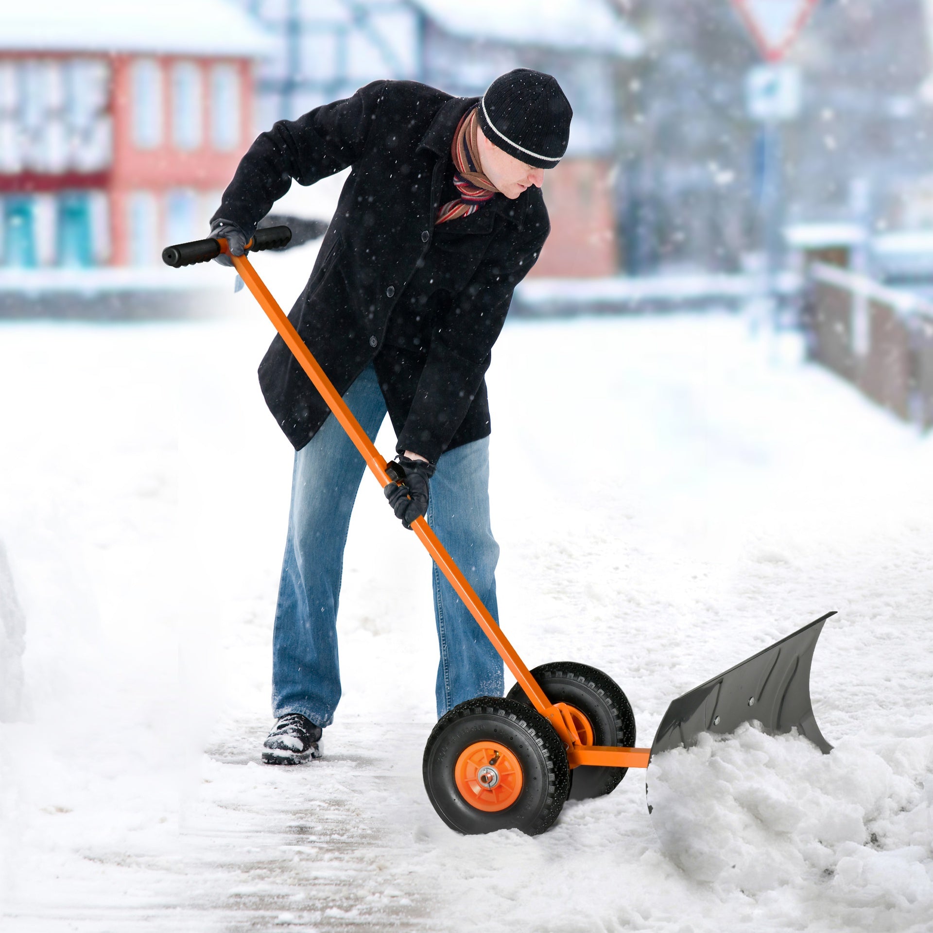Outsunny Snow Shovel, Rolling Pusher with 29" Blade, 10" Wheels & Angle-Adjustable Handle, Orange