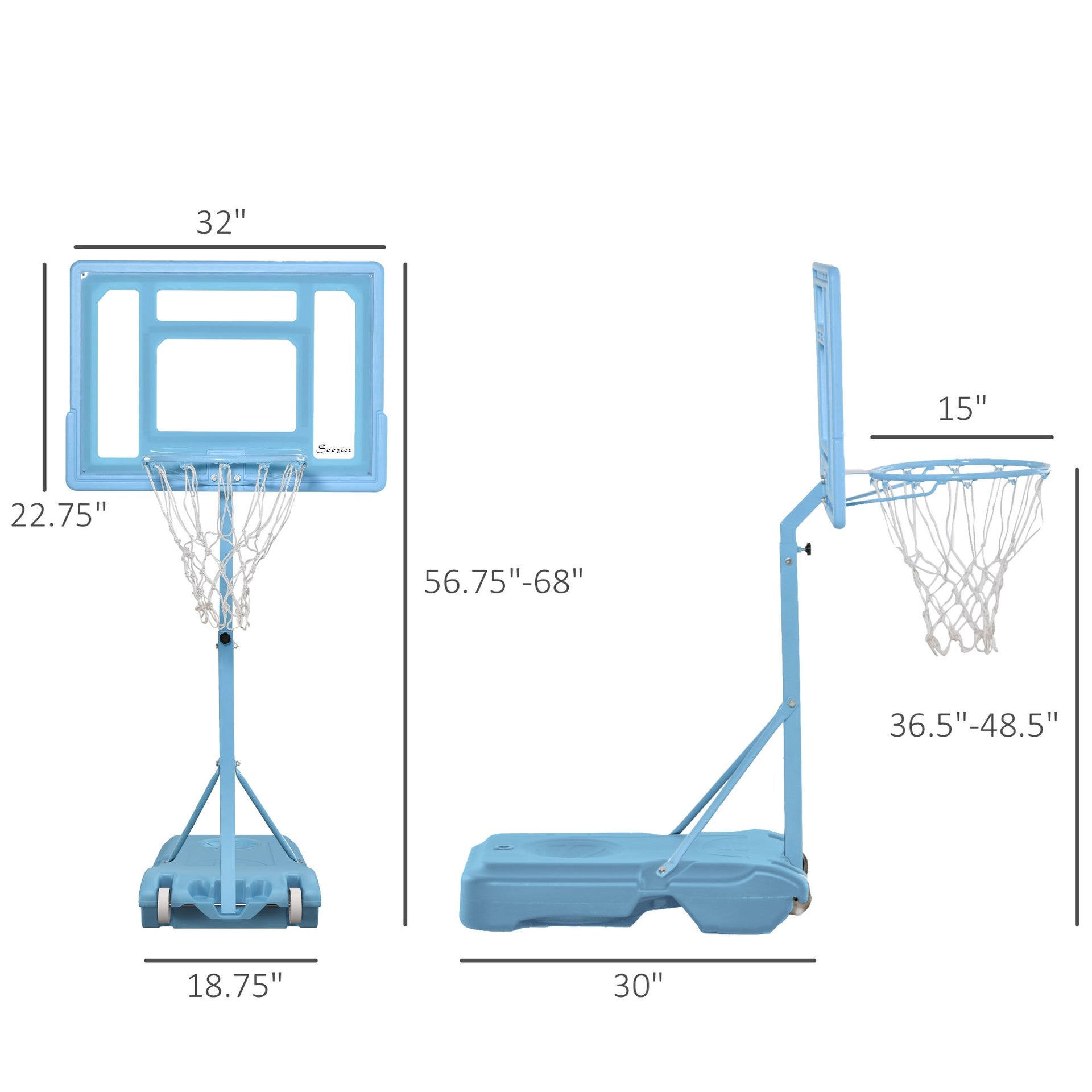 Soozier Poolside Basketball Hoop Stand, 36.5"-48.5" Height Adjustable Portable Hoop System w/ Clear Backboard & Fillable Base for Whole Family, Blue, White