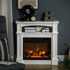 HOMCOM 32" Electric Fireplace with Mantel, Freestanding Heater with LED Log Flame, Shelf and Remote Control, 1400W, White