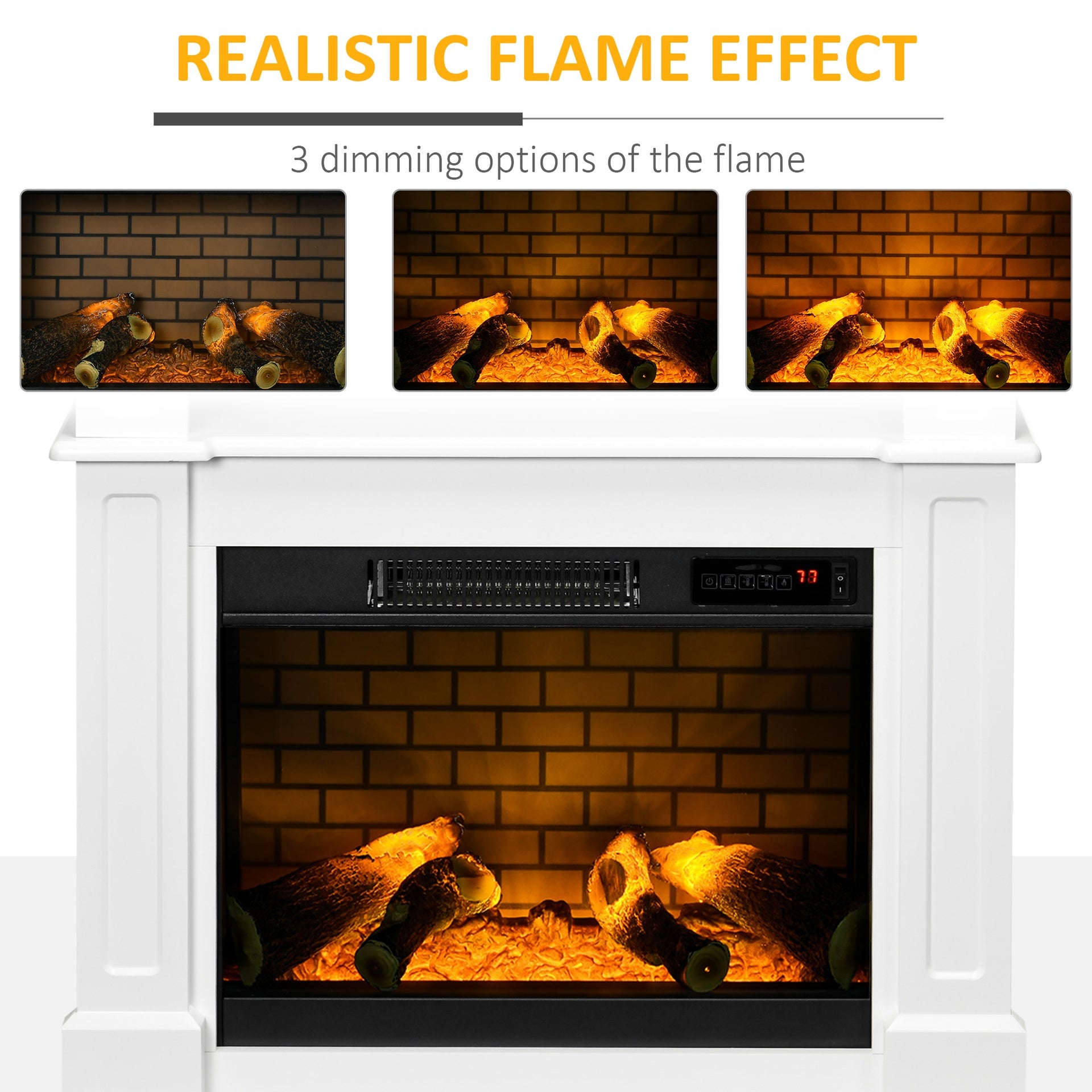 HOMCOM 32" Electric Fireplace with Mantel, Freestanding Heater with LED Log Flame, Shelf and Remote Control, 1400W, White