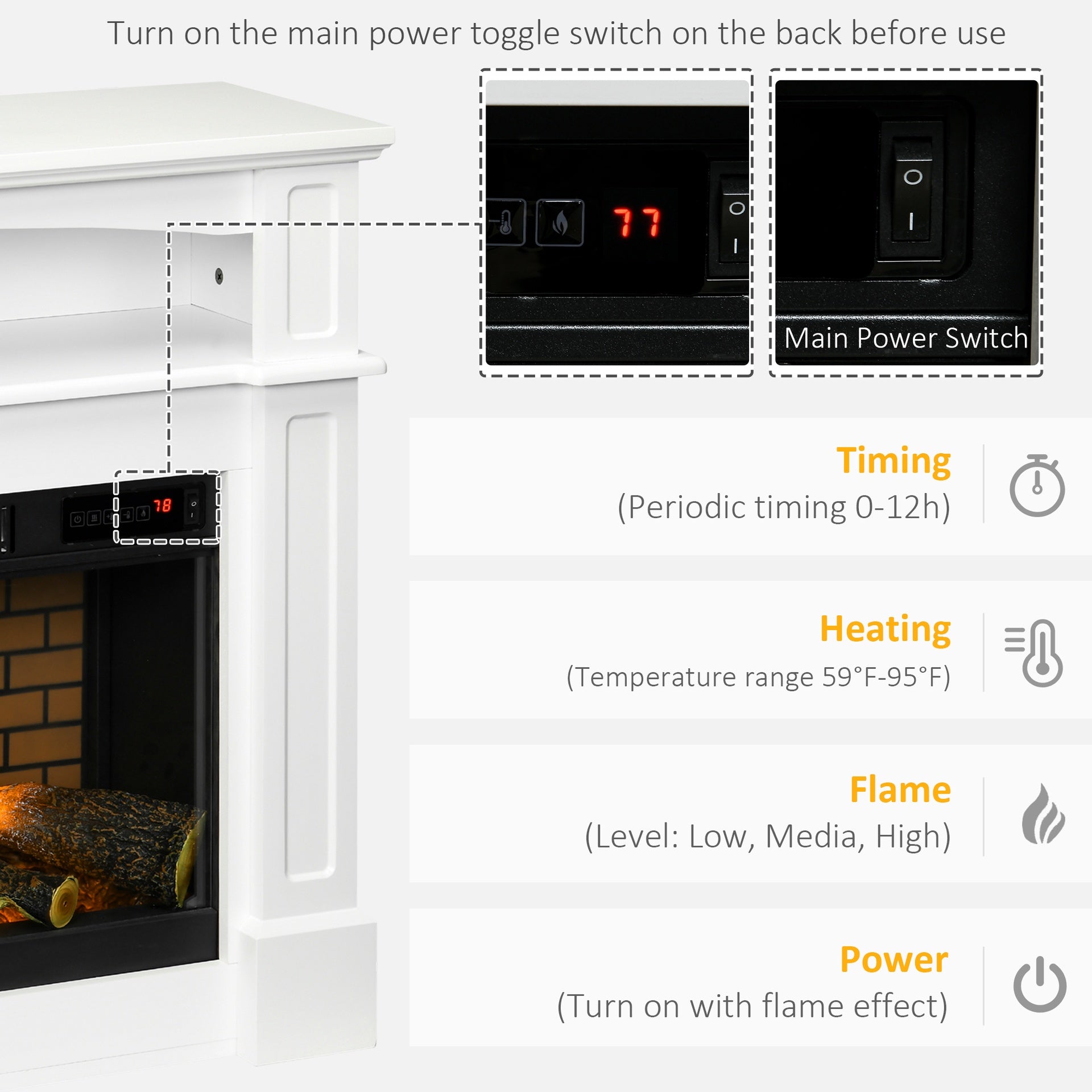 HOMCOM 32" Electric Fireplace with Mantel, Freestanding Heater with LED Log Flame, Shelf and Remote Control, 1400W, White