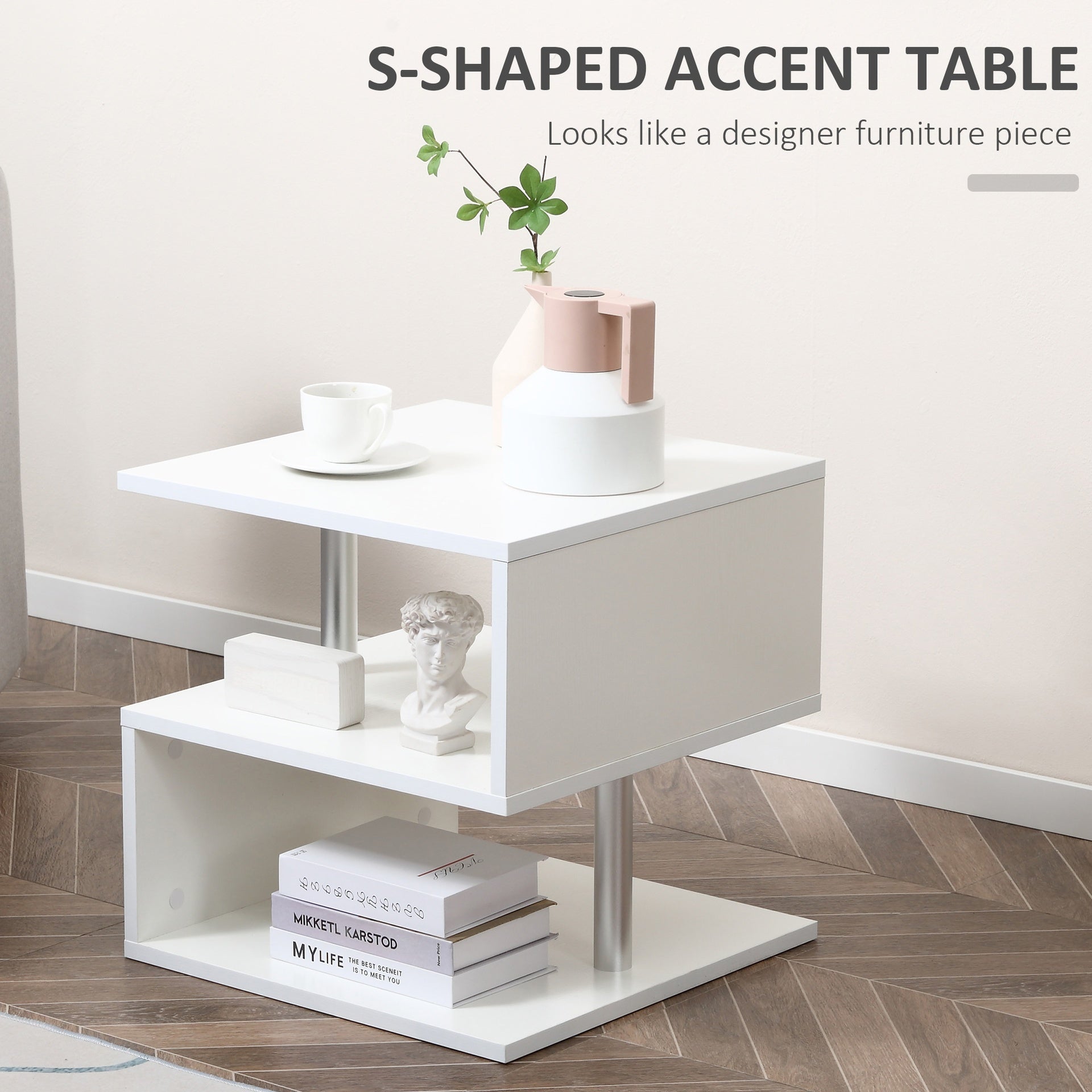 HOMCOM 20" Modern S-Shaped Multi-Level Accent End Table Shelf with Steel Poles, White