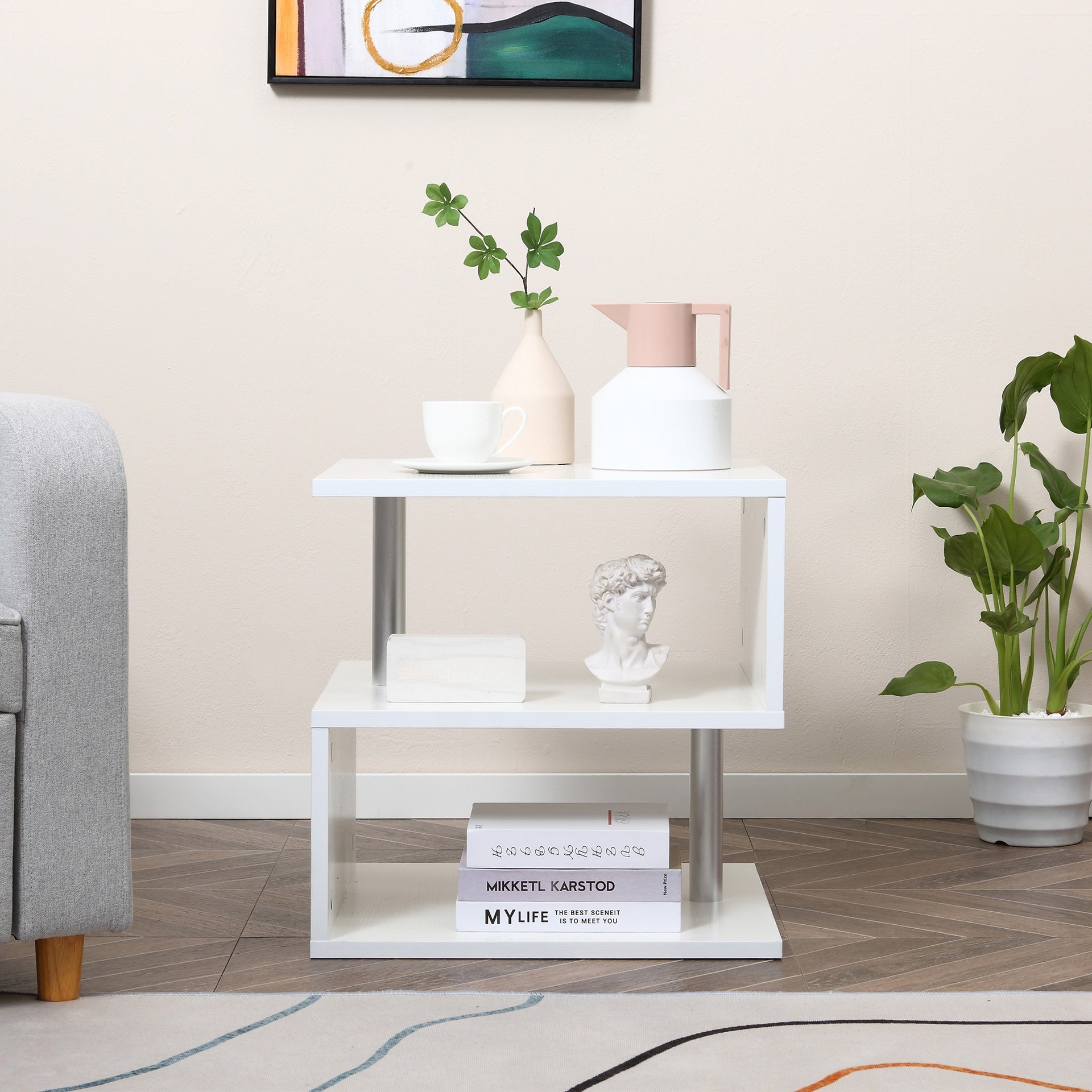 HOMCOM 20" Modern S-Shaped Multi-Level Accent End Table Shelf with Steel Poles, White