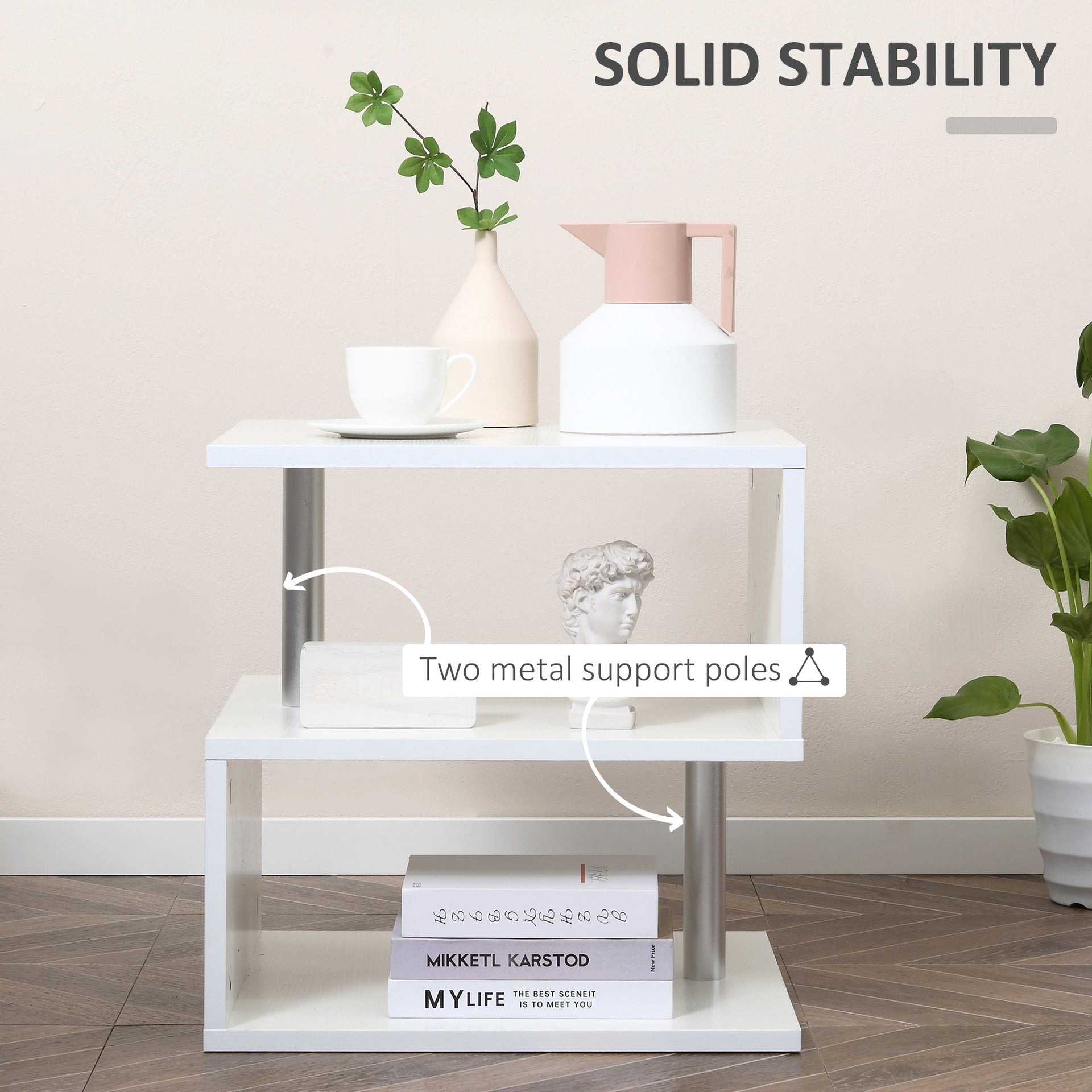 HOMCOM 20" Modern S-Shaped Multi-Level Accent End Table Shelf with Steel Poles, White