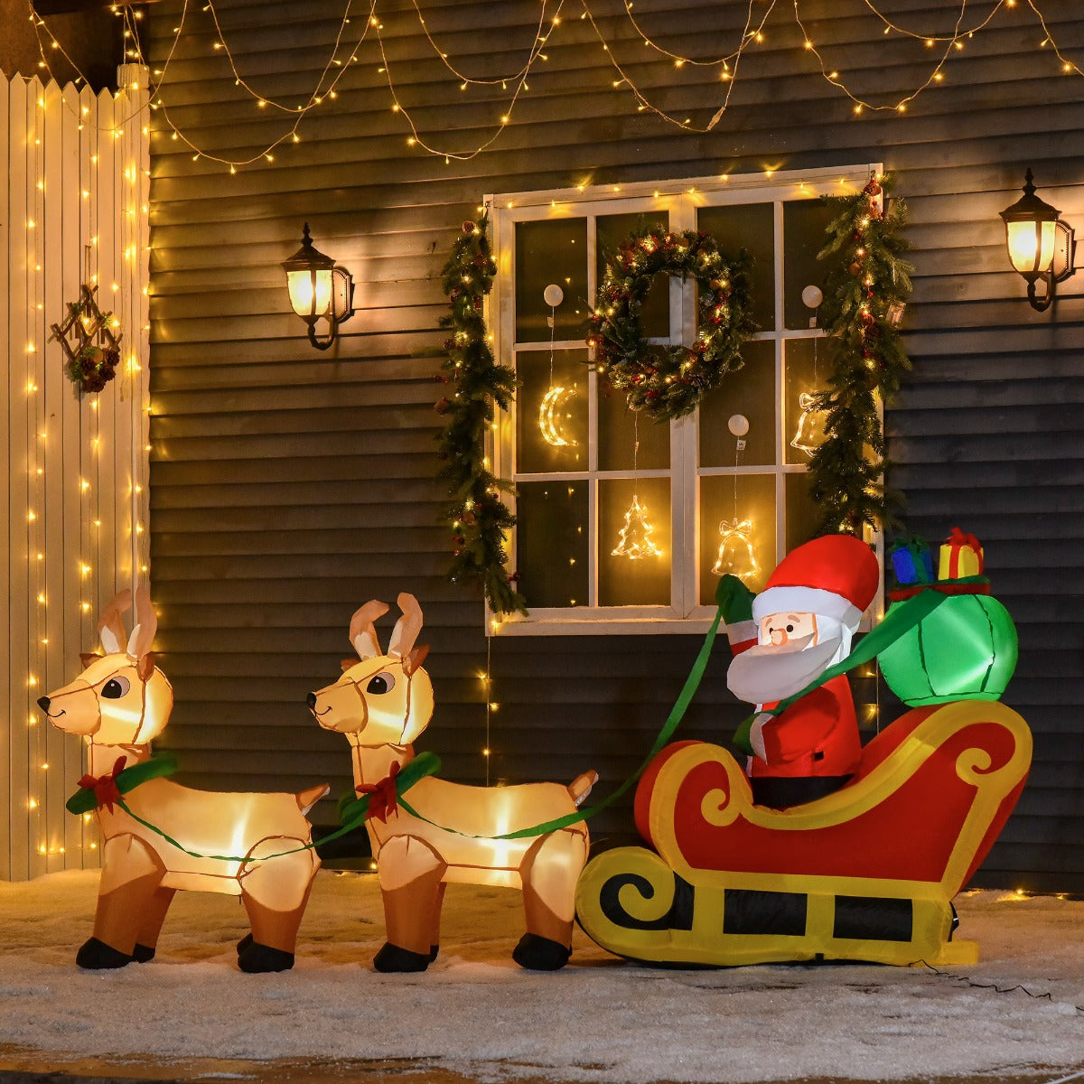 HOMCOM 8ft Long Christmas Inflatable Santa Claus with Sleigh and Reindeer, Outdoor Blow-Up Yard Decoration with LED Lights Display