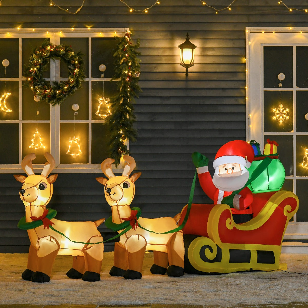 HOMCOM 8ft Long Christmas Inflatable Santa Claus with Sleigh and Reindeer, Outdoor Blow-Up Yard Decoration with LED Lights Display