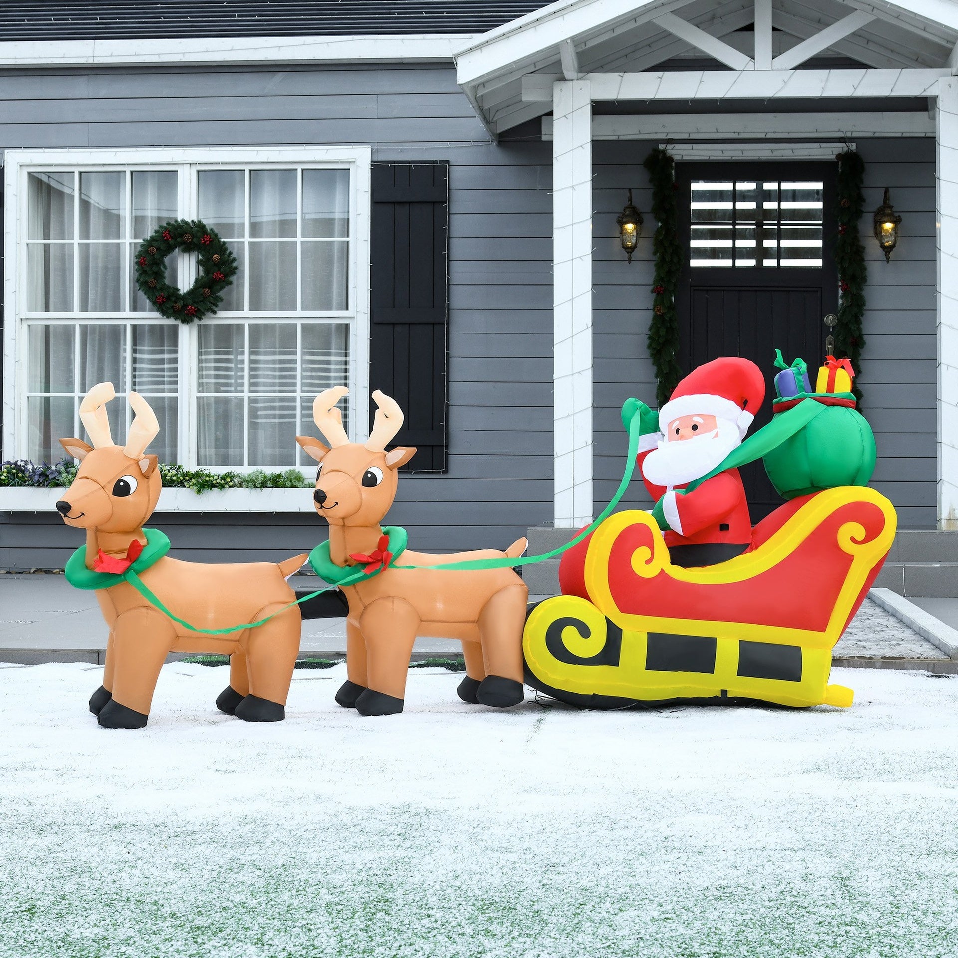 HOMCOM 8ft Long Christmas Inflatable Santa Claus with Sleigh and Reindeer, Outdoor Blow-Up Yard Decoration with LED Lights Display