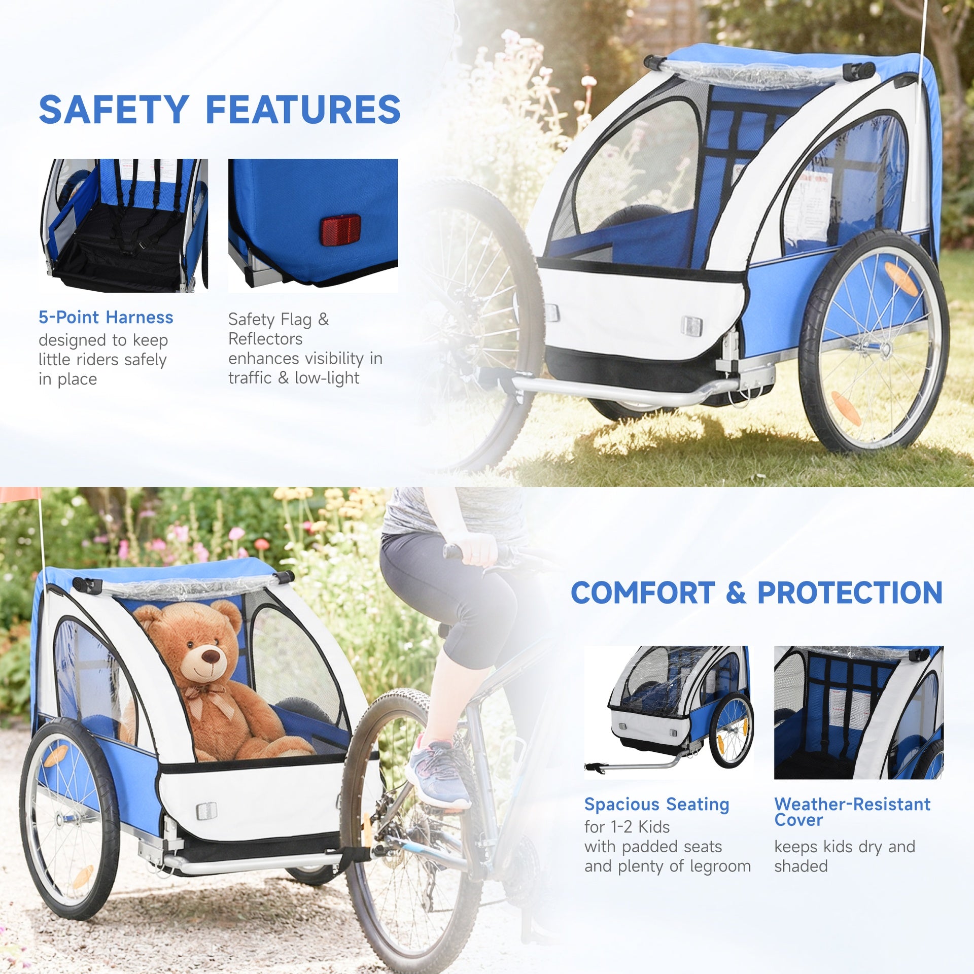 Aosom 2-Seat Child Bike Trailer for Kids with a Strong Steel Frame, 5-Point Safety Harnesses, & Comfortable Seat, Blue