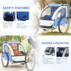Aosom 2-Seat Child Bike Trailer for Kids with a Strong Steel Frame, 5-Point Safety Harnesses, & Comfortable Seat, Blue