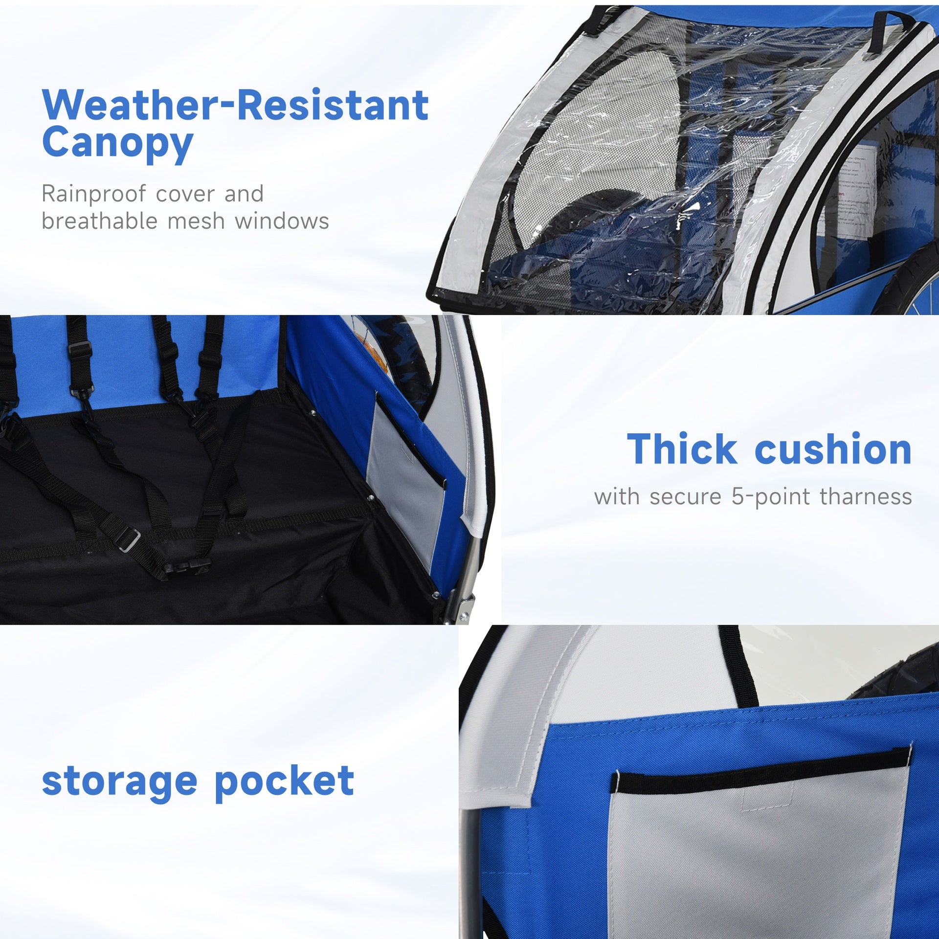 Aosom 2-Seat Child Bike Trailer for Kids with a Strong Steel Frame, 5-Point Safety Harnesses, & Comfortable Seat, Blue