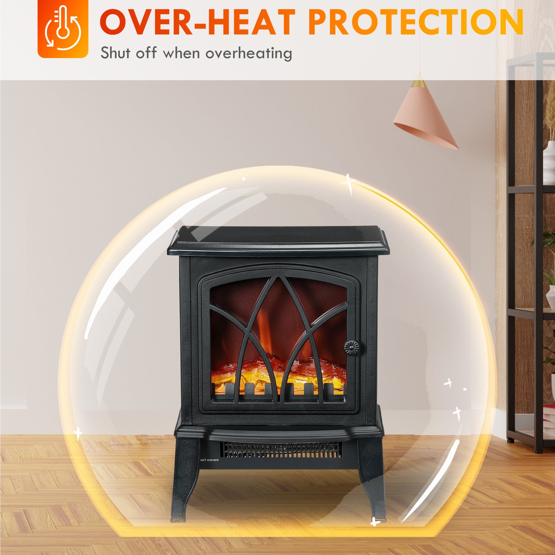 HOMCOM Electric Fireplace Heater, Freestanding Fireplace Stove with Realistic Flames Overheating Protection 750W/1500W, Black