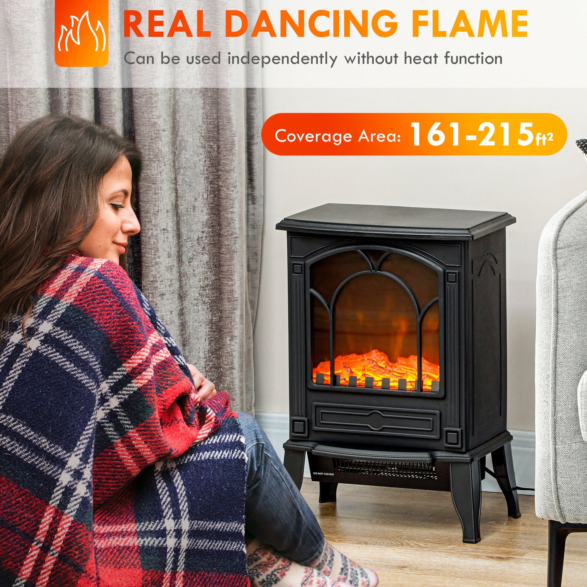 HOMCOM Electric Fireplace Heater, Freestanding Fireplace Stove with Realistic Flame Effect Overheat Protection 725W/1450W Black