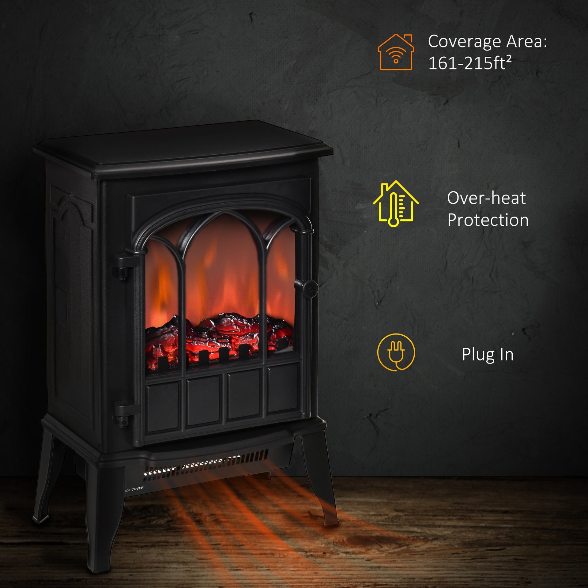 HOMCOM Electric Fireplace Stove, Freestanding Fireplace Heater, 750W/1500W, Black