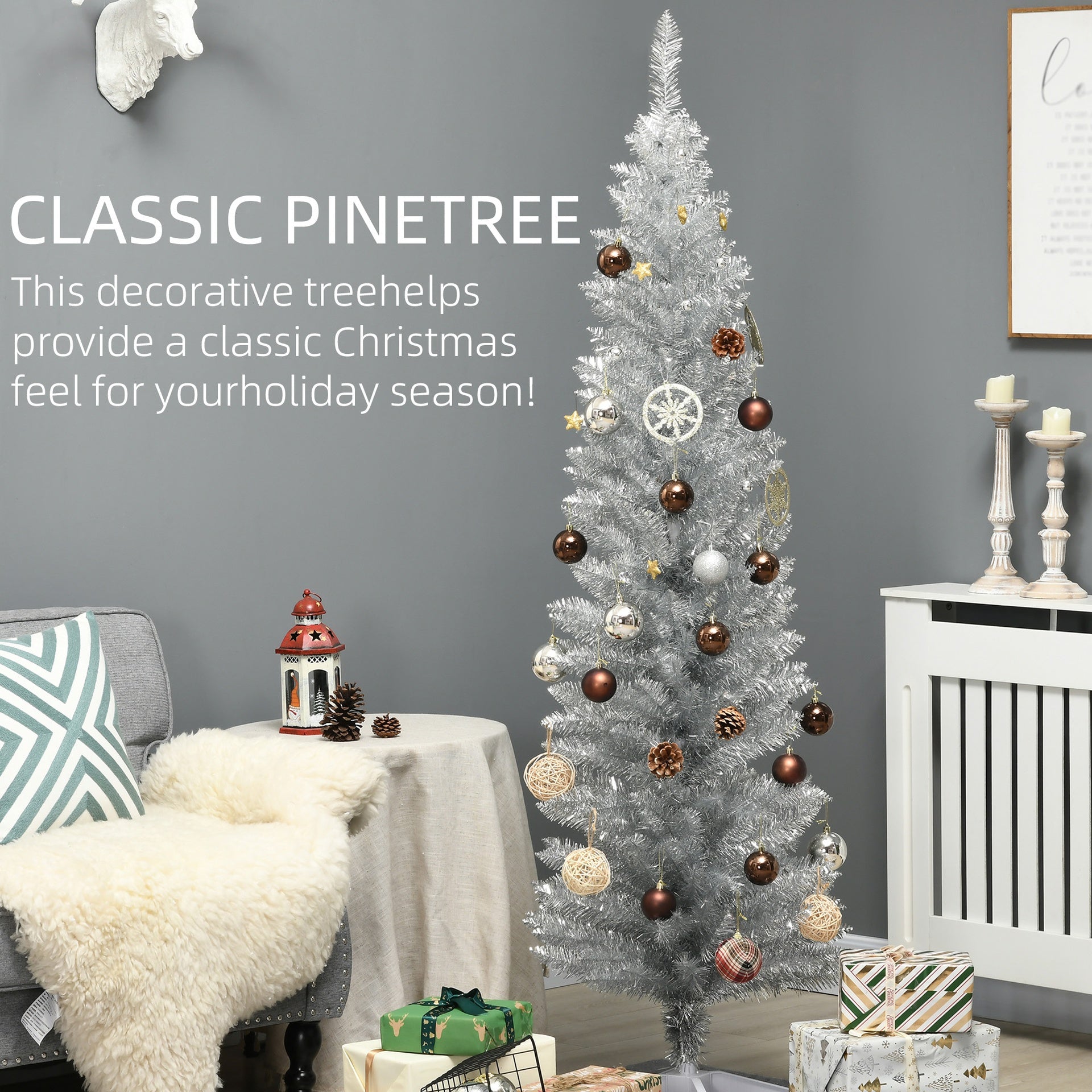 HOMCOM 6' Artificial Pencil Christmas Tree, Slim Xmas Tree with 390 Realistic Branch Tips and Plastic Stand, Silver