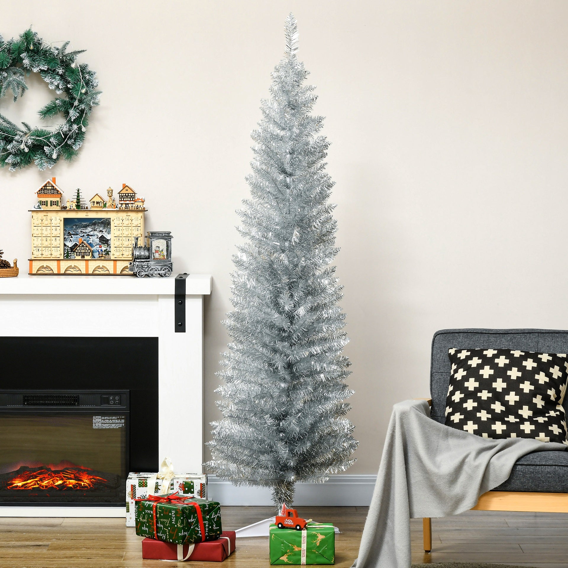 HOMCOM 6' Artificial Pencil Christmas Tree, Slim Xmas Tree with 390 Realistic Branch Tips and Plastic Stand, Silver