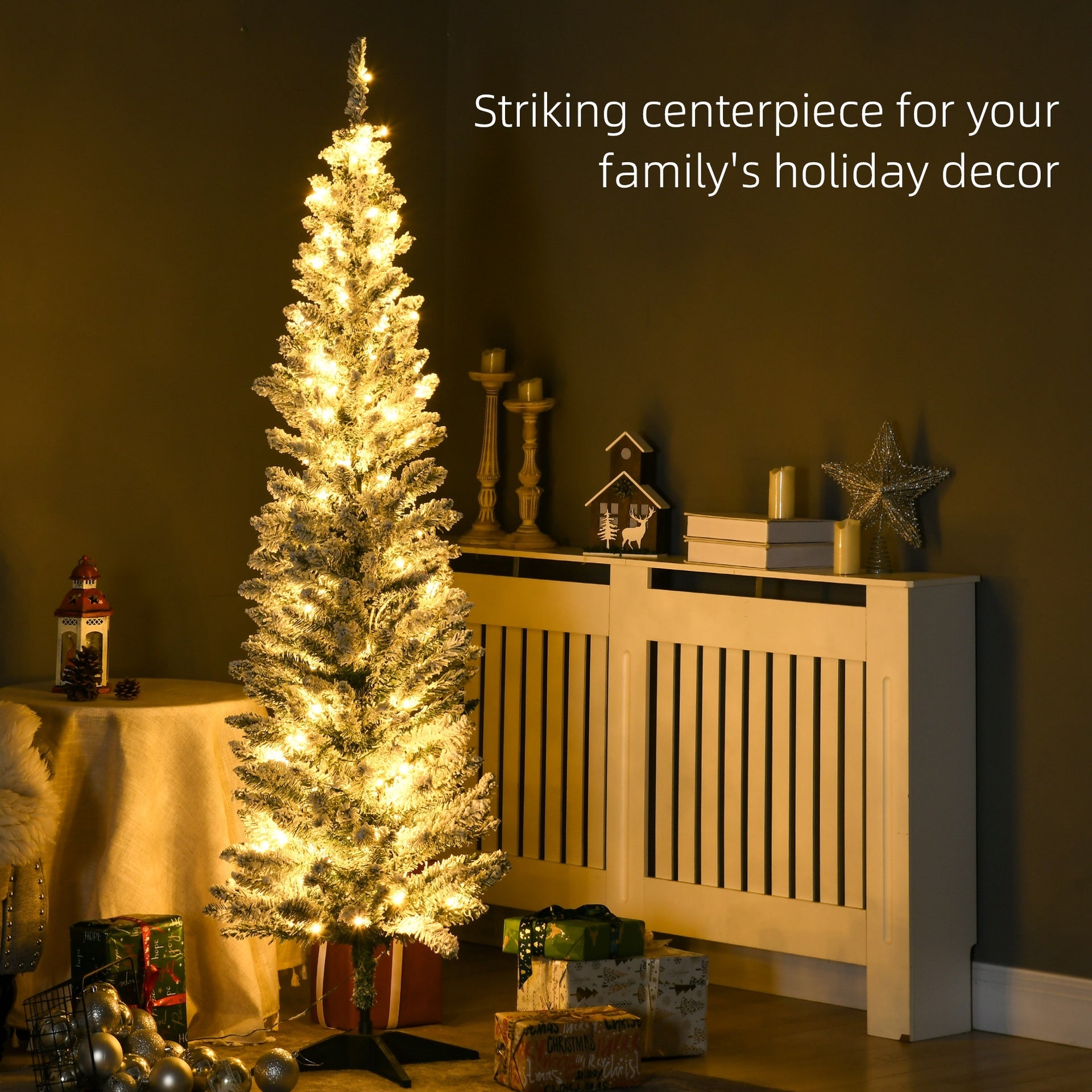 HOMCOM 6ft Pencil Christmas Tree, Slim Artificial Christmas Tree with Realistic Branches and Warm White LED Lights, Green