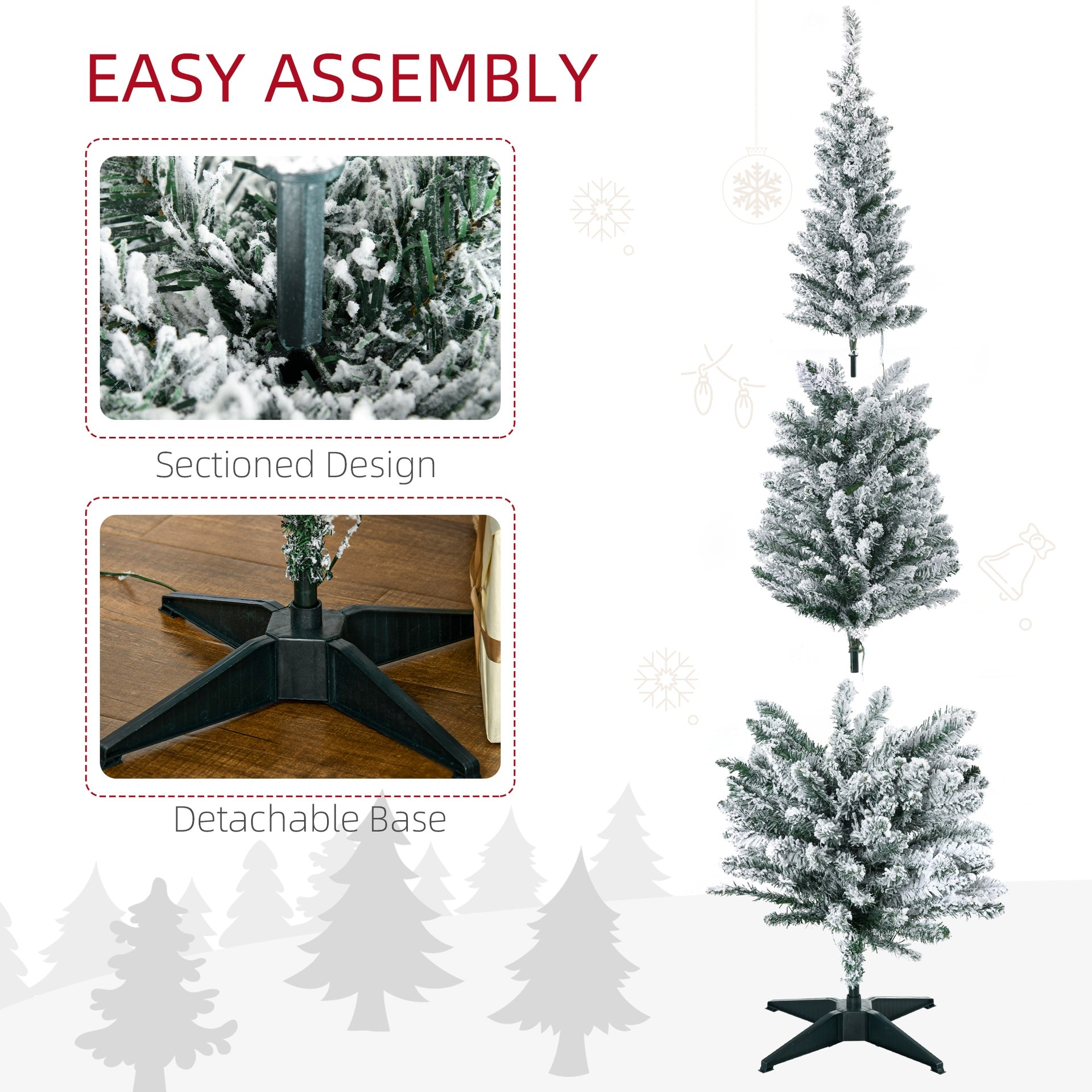 HOMCOM 6ft Pencil Christmas Tree, Slim Artificial Christmas Tree with Realistic Branches and Warm White LED Lights, Green