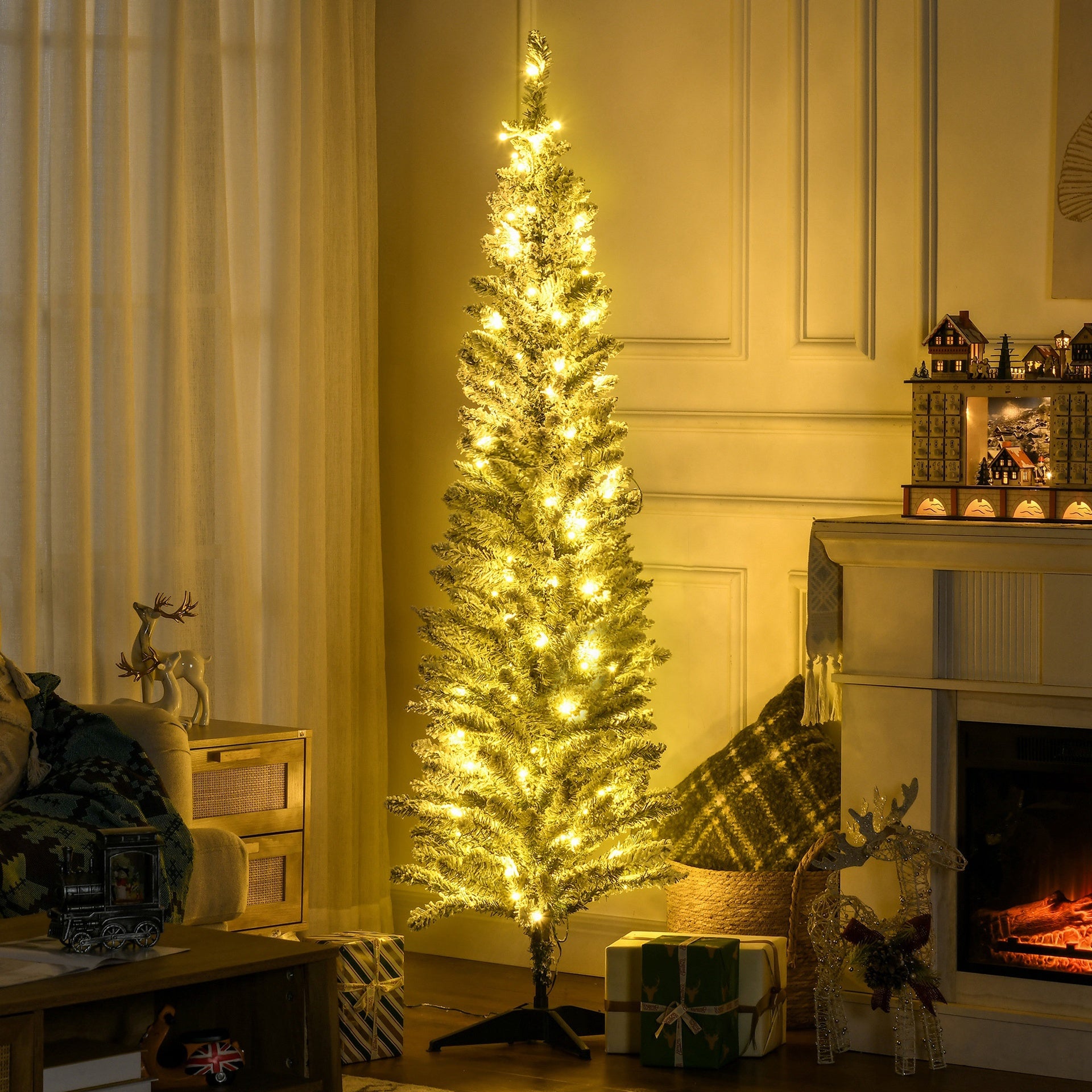 HOMCOM 6ft Pencil Christmas Tree, Slim Artificial Christmas Tree with Realistic Branches and Warm White LED Lights, Green
