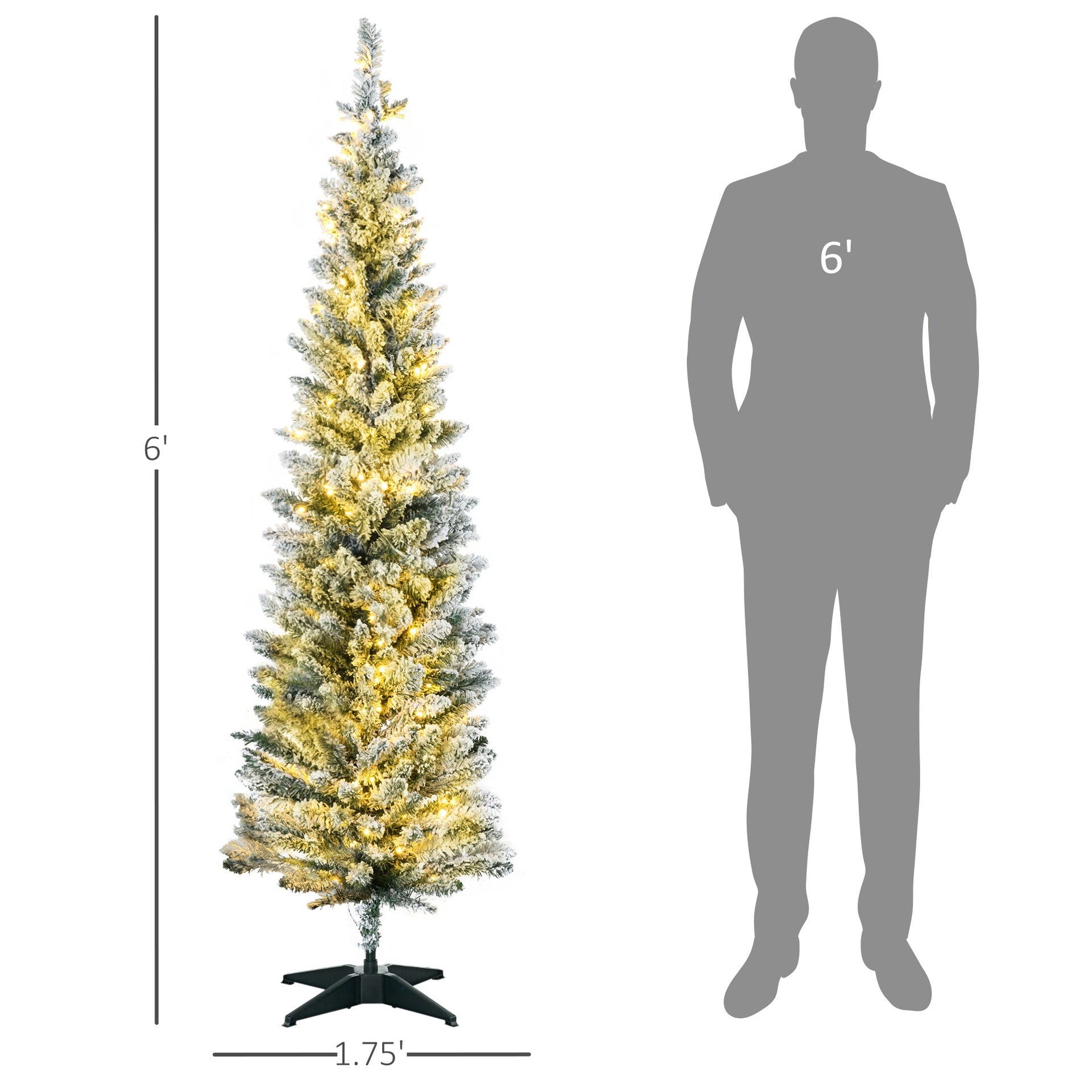 HOMCOM 6ft Pencil Christmas Tree, Slim Artificial Christmas Tree with Realistic Branches and Warm White LED Lights, Green