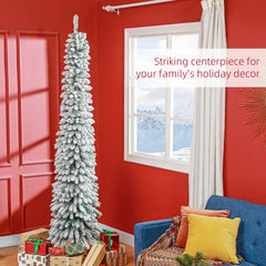 HOMCOM 8' Tall Unlit Slim Pencil Xmas Tree, Snow Flocked Artificial Christmas Tree with Realistic Branches and 603 Tips, Green