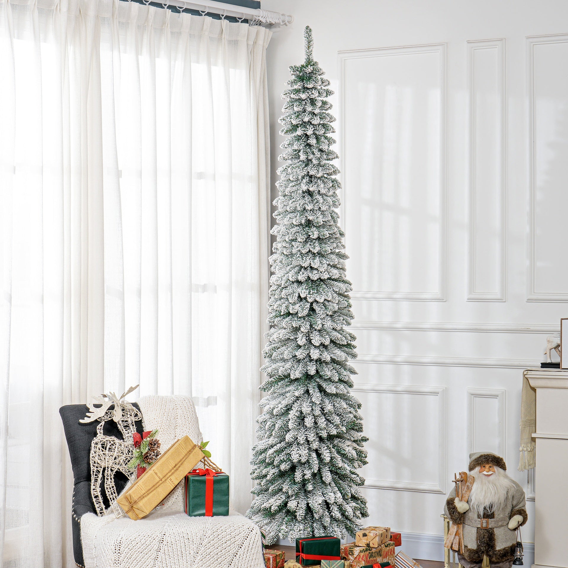 HOMCOM 8' Tall Unlit Slim Pencil Xmas Tree, Snow Flocked Artificial Christmas Tree with Realistic Branches and 603 Tips, Green