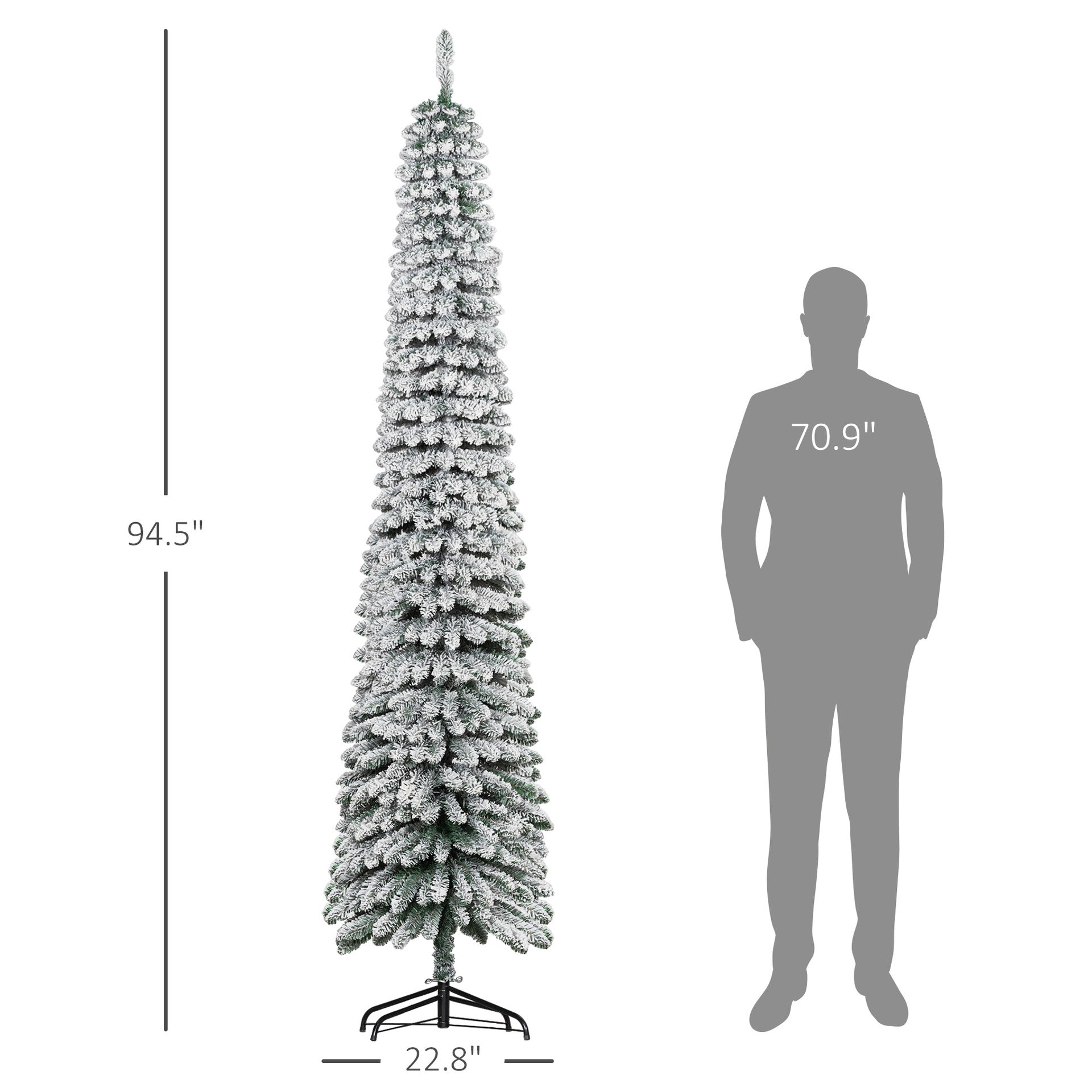 HOMCOM 8' Tall Unlit Slim Pencil Xmas Tree, Snow Flocked Artificial Christmas Tree with Realistic Branches and 603 Tips, Green