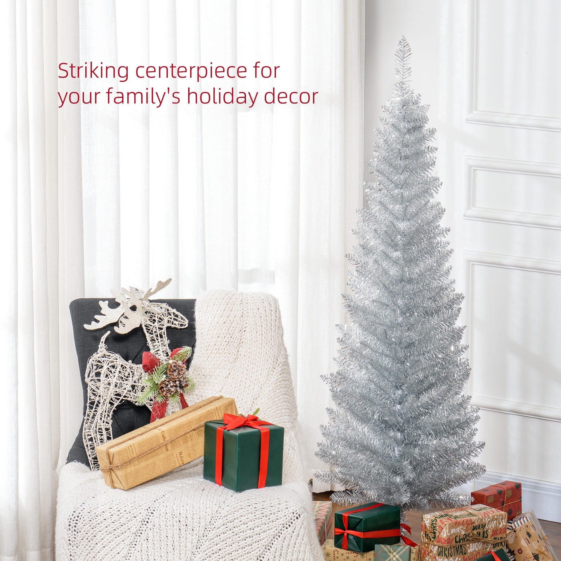HOMCOM 5ft Unlit Pencil Artificial Christmas Tree with Realistic Branches and 294 Tips, Plastic Base, Silver