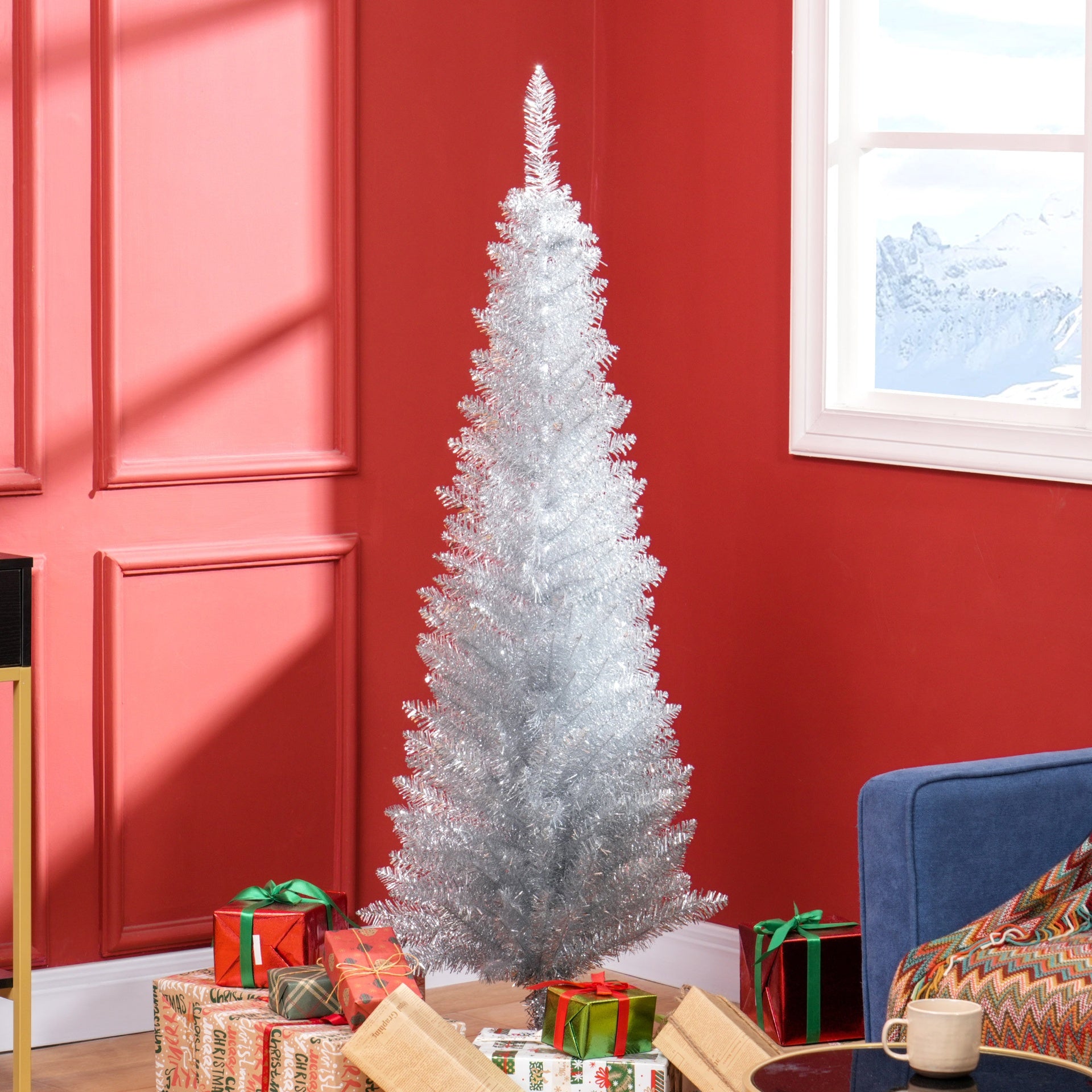 HOMCOM 5ft Unlit Pencil Artificial Christmas Tree with Realistic Branches and 294 Tips, Plastic Base, Silver