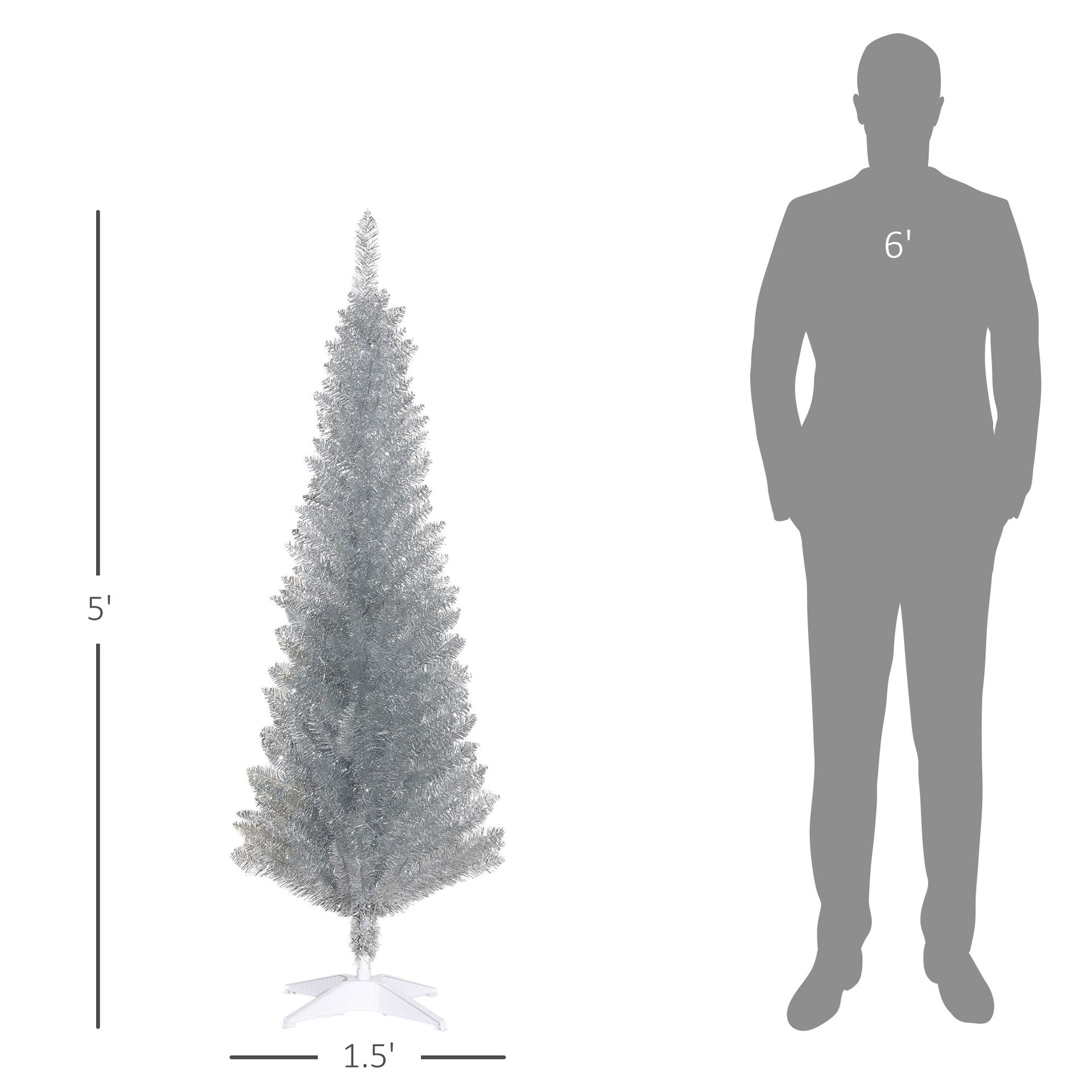 HOMCOM 5ft Unlit Pencil Artificial Christmas Tree with Realistic Branches and 294 Tips, Plastic Base, Silver