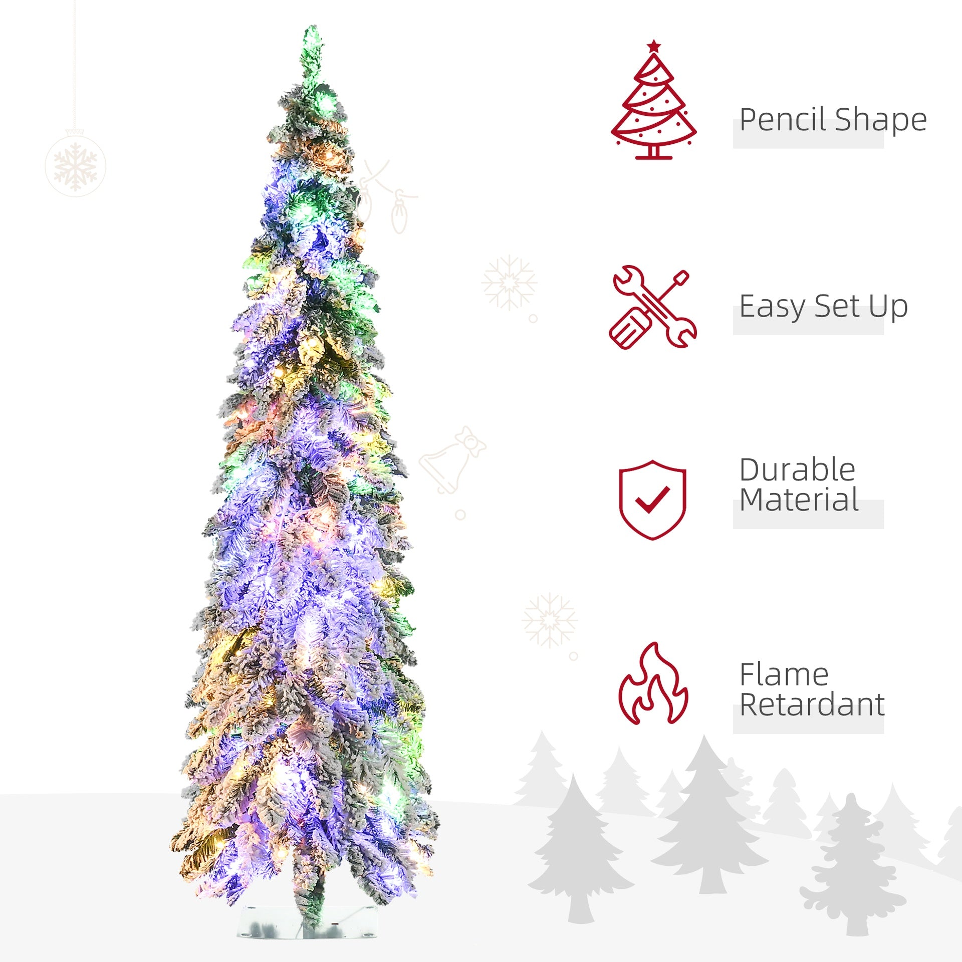 HOMCOM 6' Artificial Slim Christmas Trees, with Snow Frosted Branches, Warm White or Colorful LED Lights, Downswept Shape