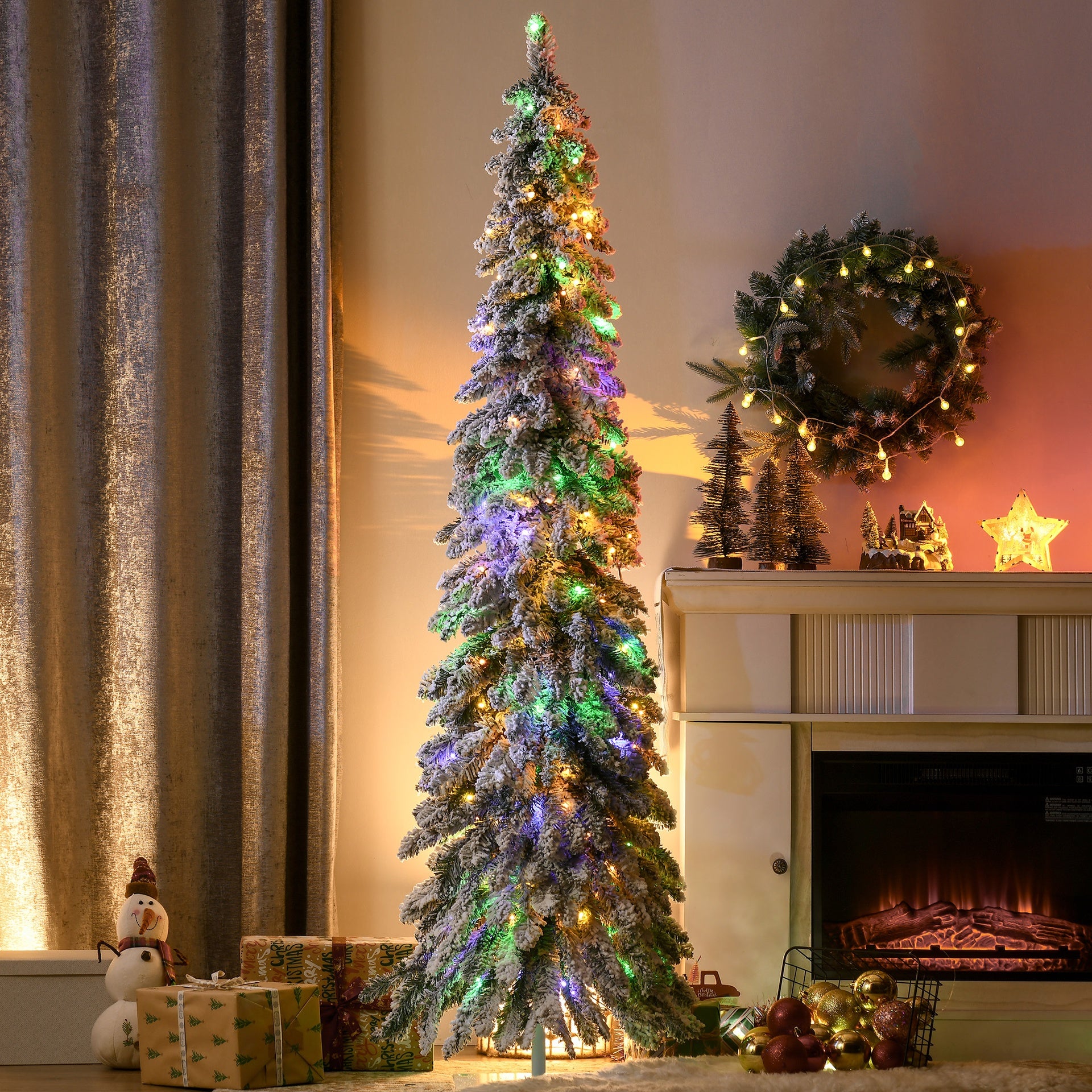 HOMCOM 6' Artificial Slim Christmas Trees, with Snow Frosted Branches, Warm White or Colorful LED Lights, Downswept Shape