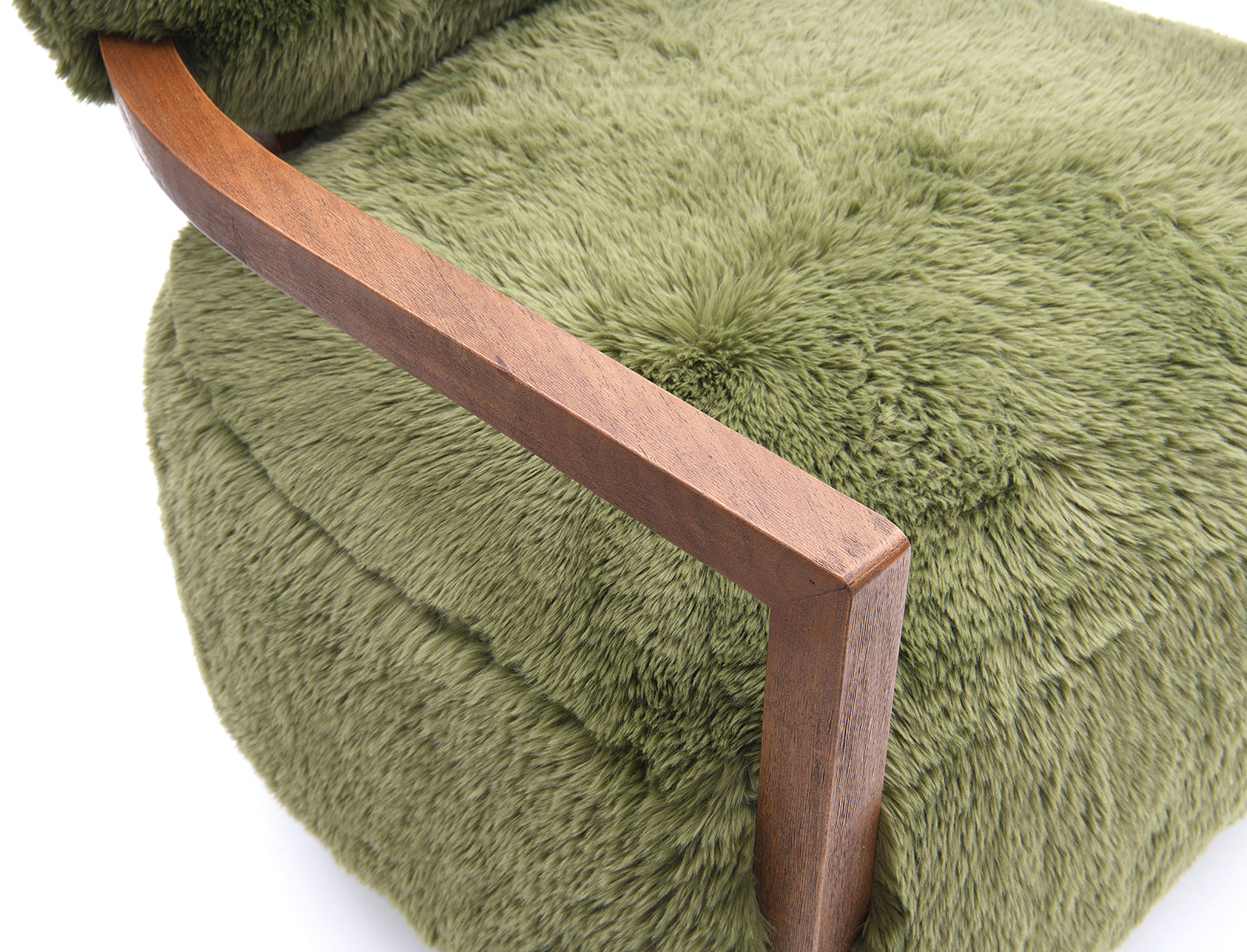 1pc Accent Chair Raked Wooden Arms Tight Back And Seat Short Ultra Soft Faux Fur Contemporary Green Finish Primary Room Furniture