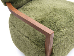 1pc Accent Chair Raked Wooden Arms Tight Back And Seat Short Ultra Soft Faux Fur Contemporary Green Finish Primary Room Furniture