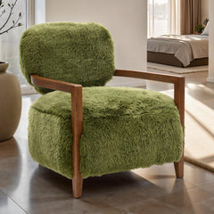 1pc Accent Chair Raked Wooden Arms Tight Back And Seat Short Ultra Soft Faux Fur Contemporary Green Finish Primary Room Furniture