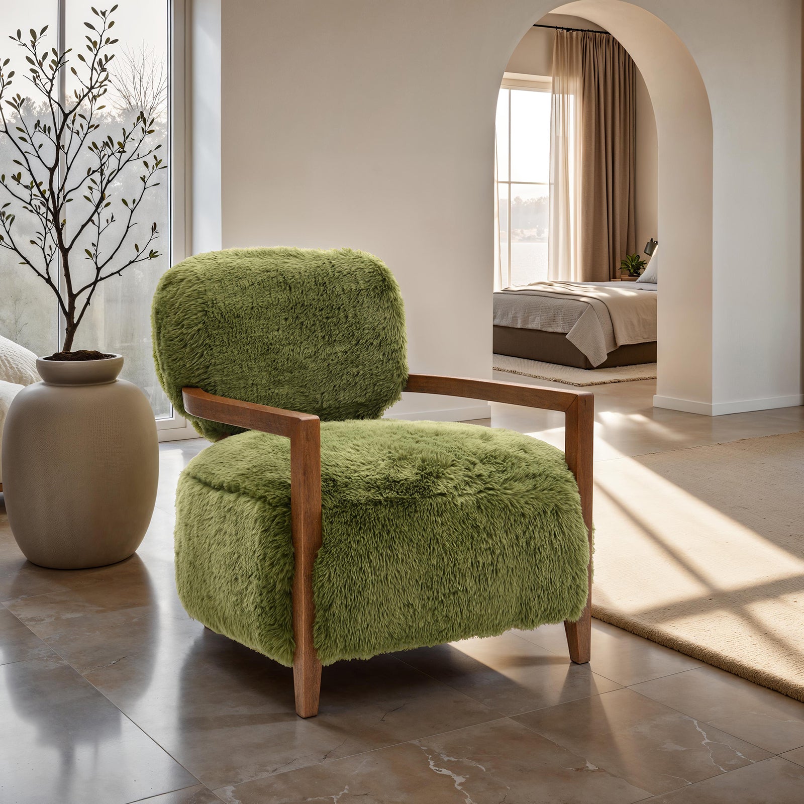 1pc Accent Chair Raked Wooden Arms Tight Back And Seat Short Ultra Soft Faux Fur Contemporary Green Finish Primary Room Furniture